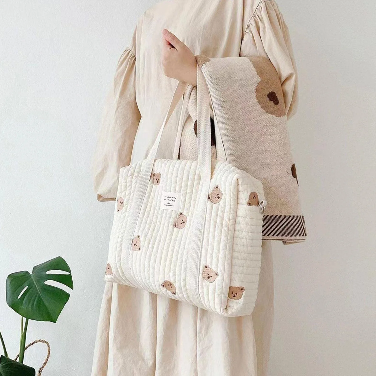 Sac à Langer Portable Grande Capacité en Coton avec Bandoulière