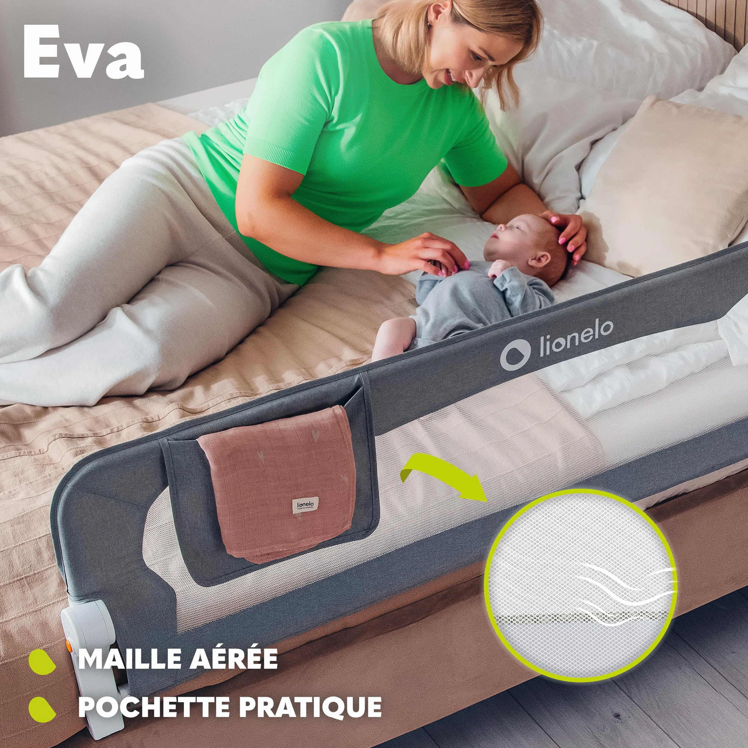 Lionelo Eva Barrière de Lit 150cm x 42cm Pliage 180° Anti-Chute Ceintures Sécurité Cadre Métal Pliable Beige