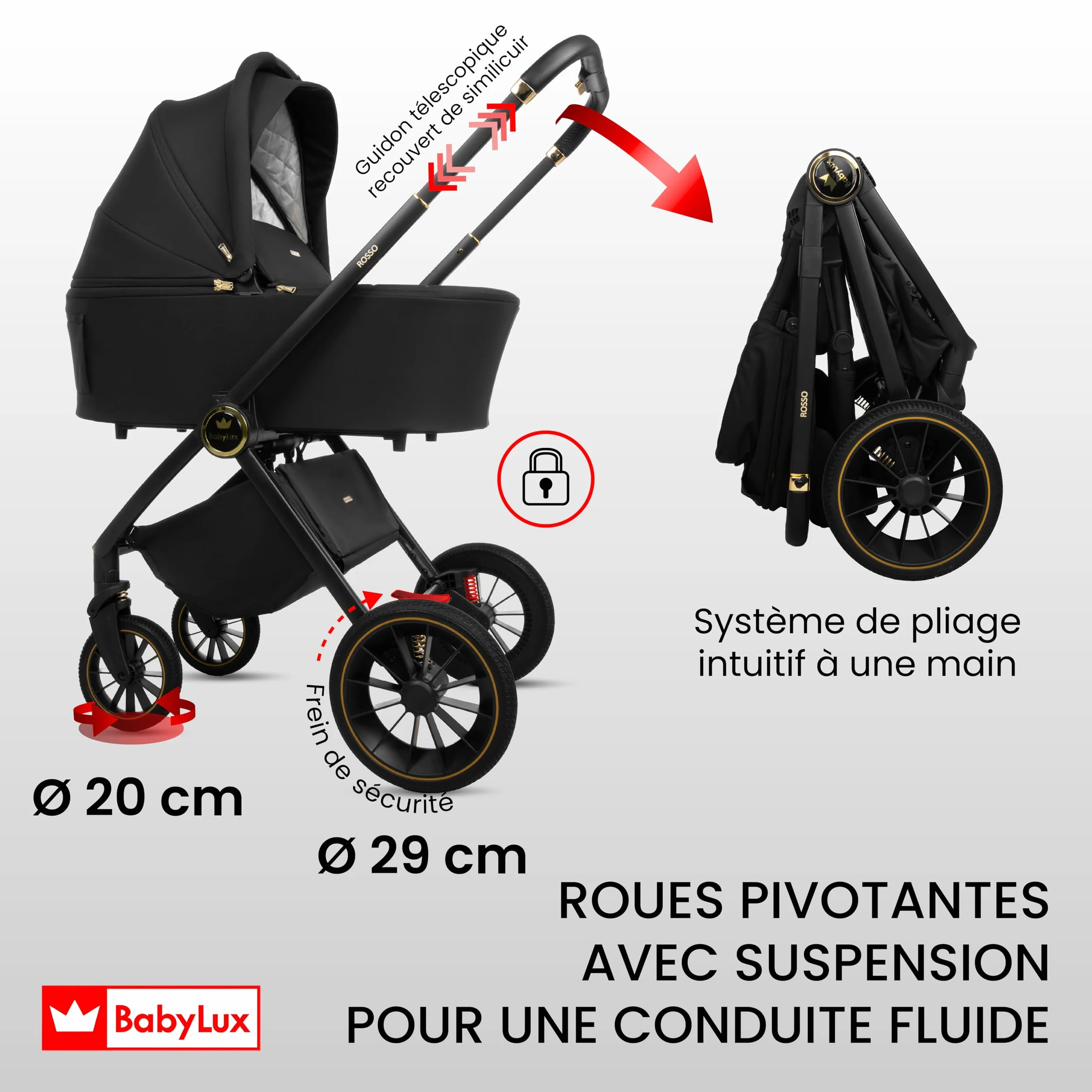BabyLux Poussette 3en1 Set Rosse, Pliable Léger Poussettes Combinées Baignoire Bébé, Buggy Siège Sport, Coque Bébé I-Size, 4 Positions Couchage, 0-22kg