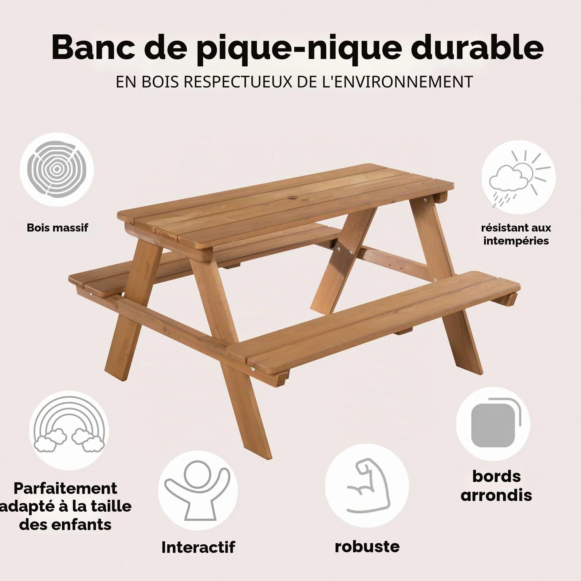 Ensemble de Table et Bancs Picnic Bois Massif Résistant aux Intempéries 4 Places 89 x 85 cm 100 Kg Teinté Teck