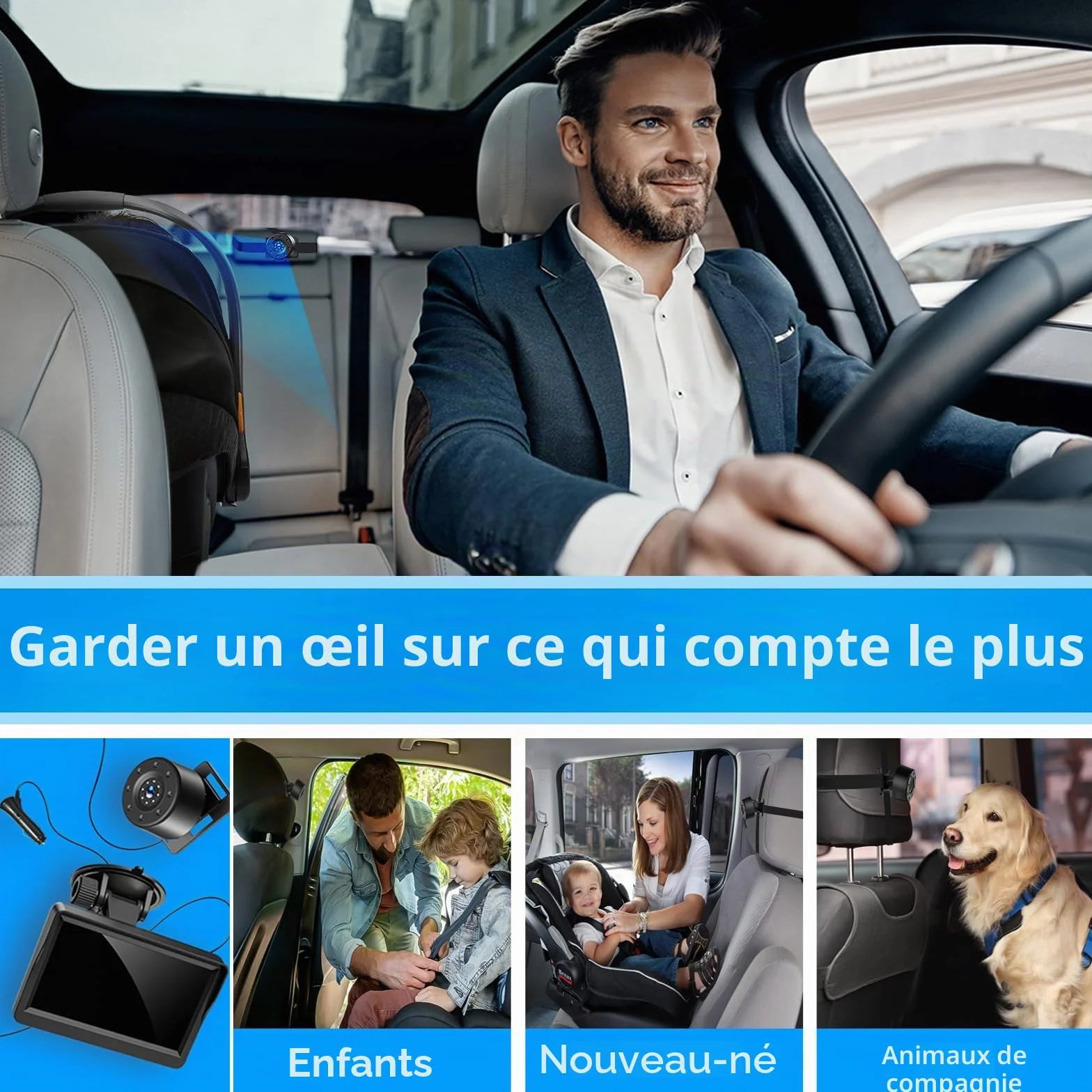 Caméra de Voiture pour bébé 4,3" HD IR Vision Nocturne 178° écran IPS Moniteur arrière