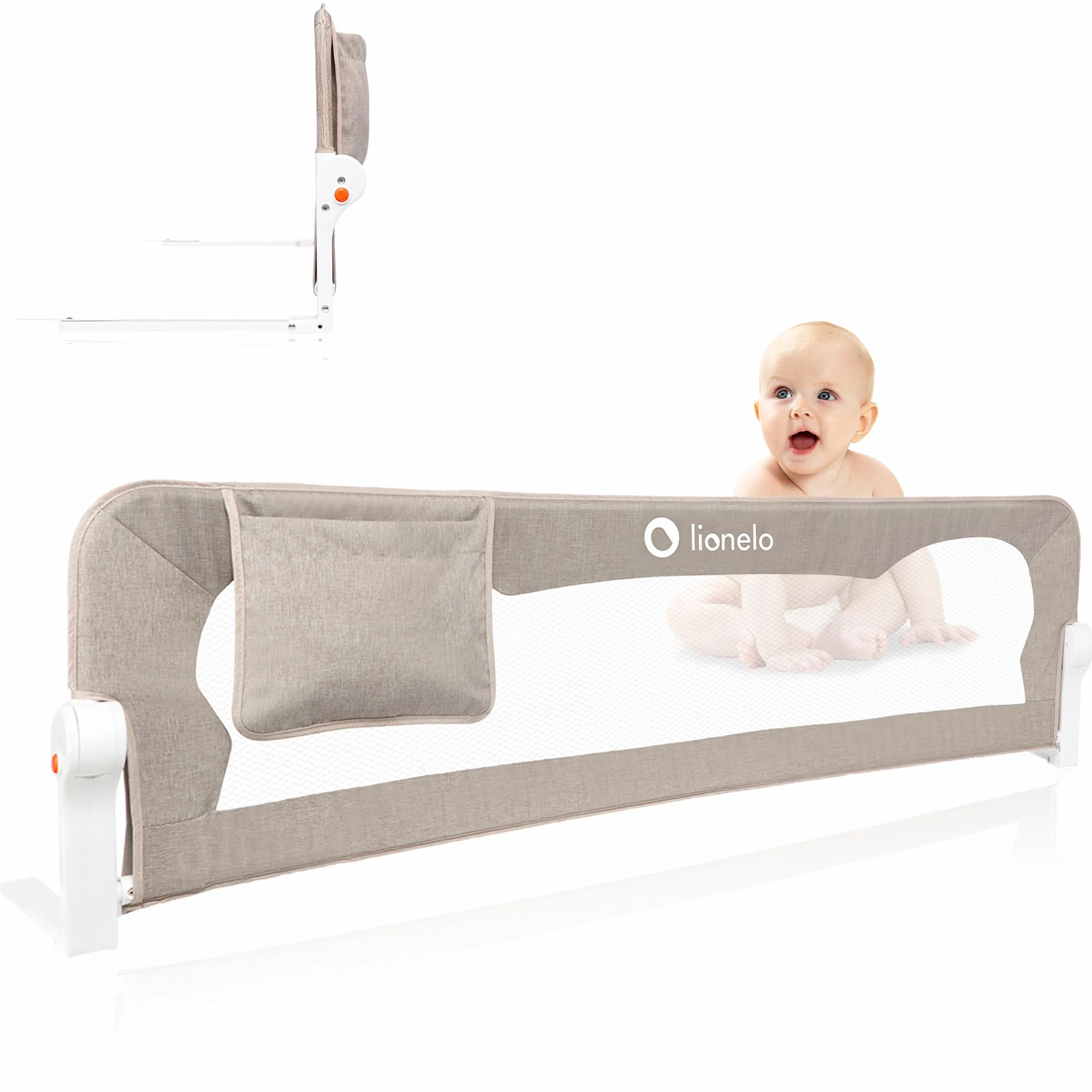 Lionelo Eva Barrière de Lit 150cm x 42cm Pliage 180° Anti-Chute Ceintures Sécurité Cadre Métal Pliable Beige