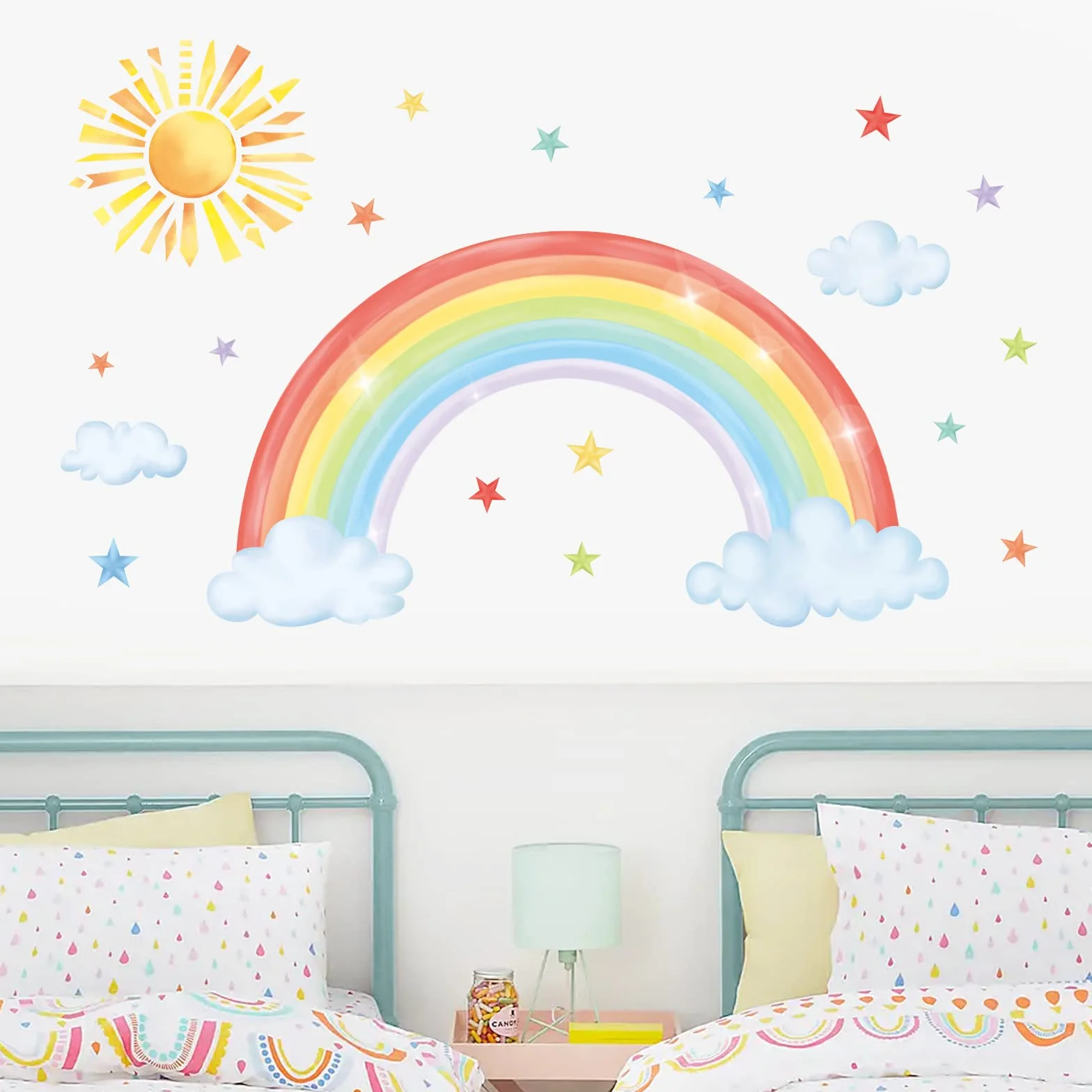 Stickers Muraux Arc en Ciel Grand Autocollant Mural Soleil Nuage Etoile Décoration Murale Chambre Enfants