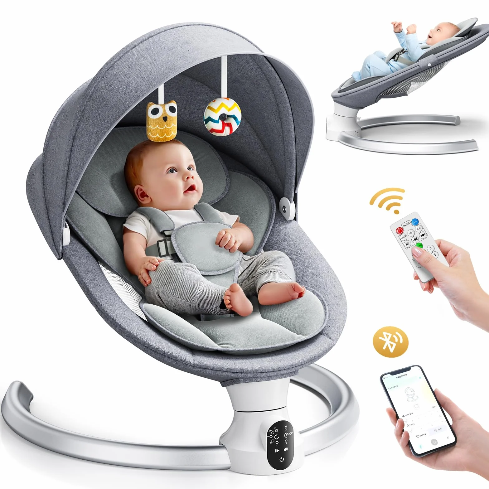 Transat Bébé Électrique Balancelle 5 Amplitudes Vibrations Minuterie Smartphone 12 Musique Naissance 6 Mois
