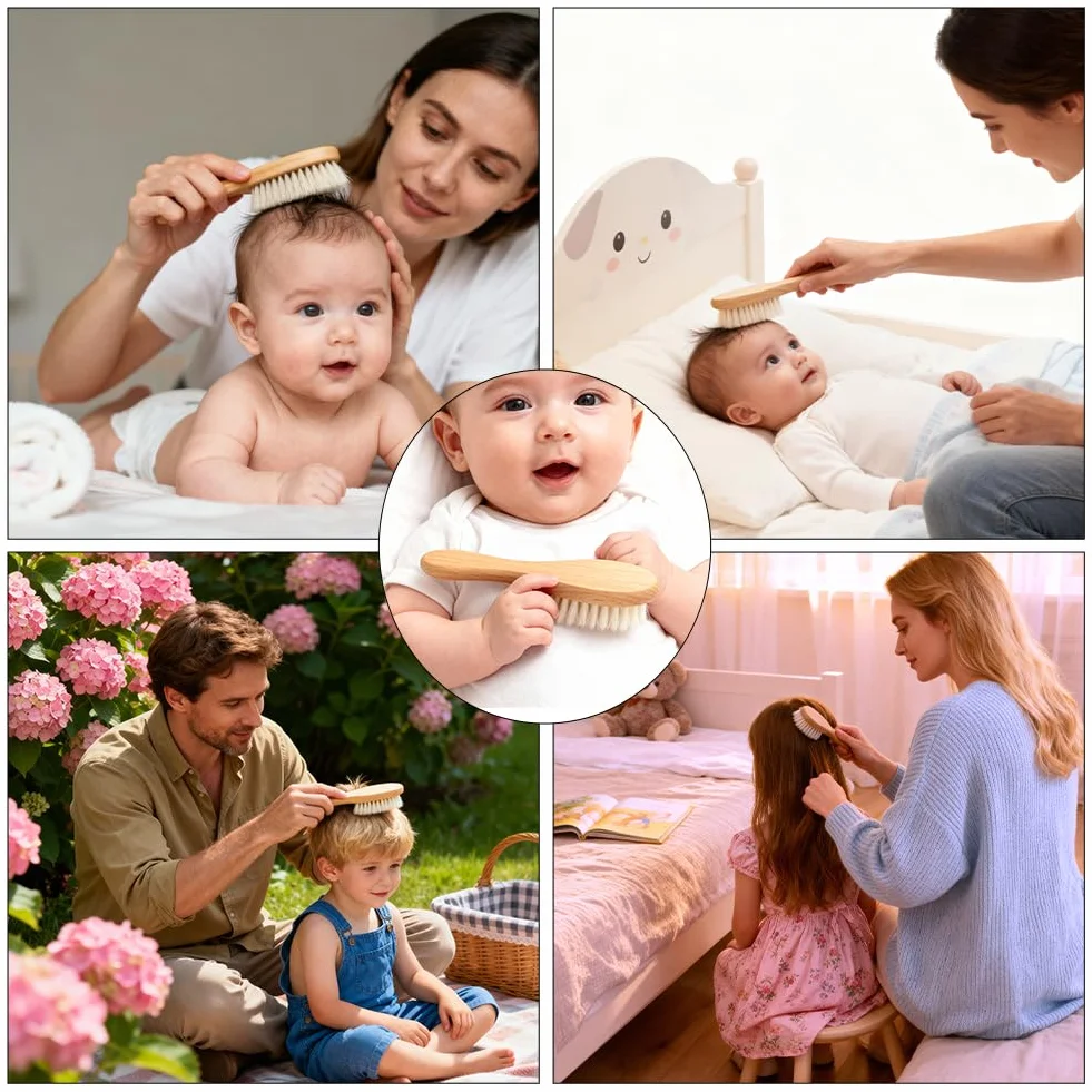 Beugo Brosse Cheveux Bébé 2 Pièce Brosse à Cheveux Poils de Chèvre Silicone Massage Nouveau-né Rose