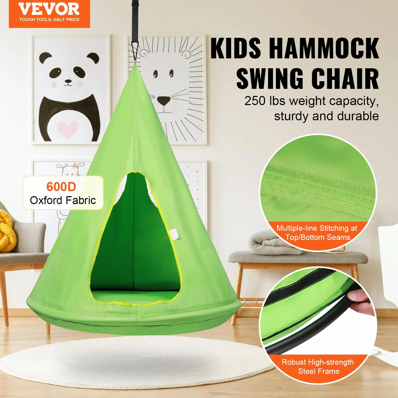 VEVOR Hamac d'enfants 100x132 cm Chaise Balançoire Suspendu Capacité 113 kg avec Corde Réglable Vert