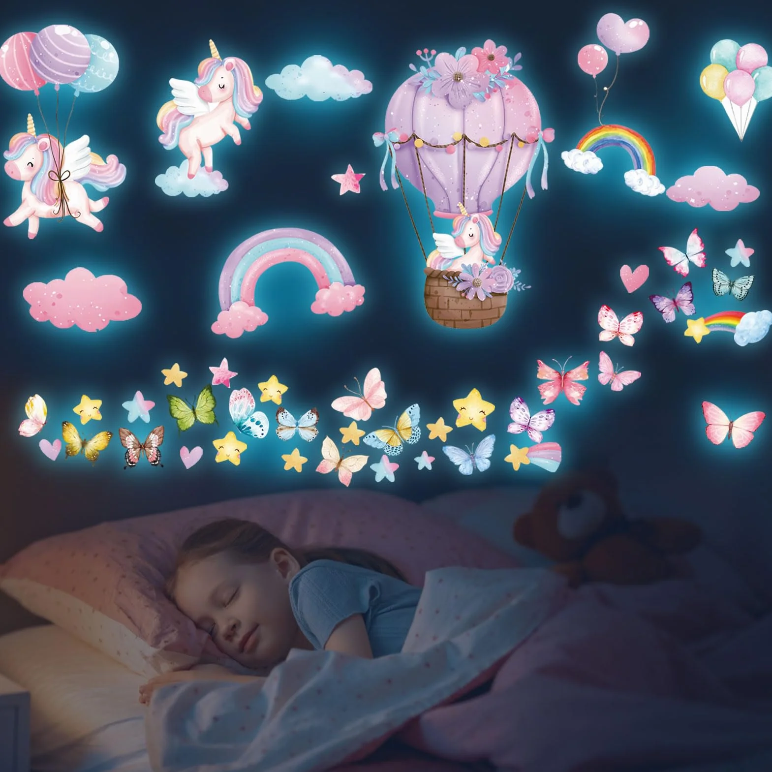 Licorne Étoile Lumineuse Autocollant Mural Arc en Ciel Décoration Murale Chambre Enfants