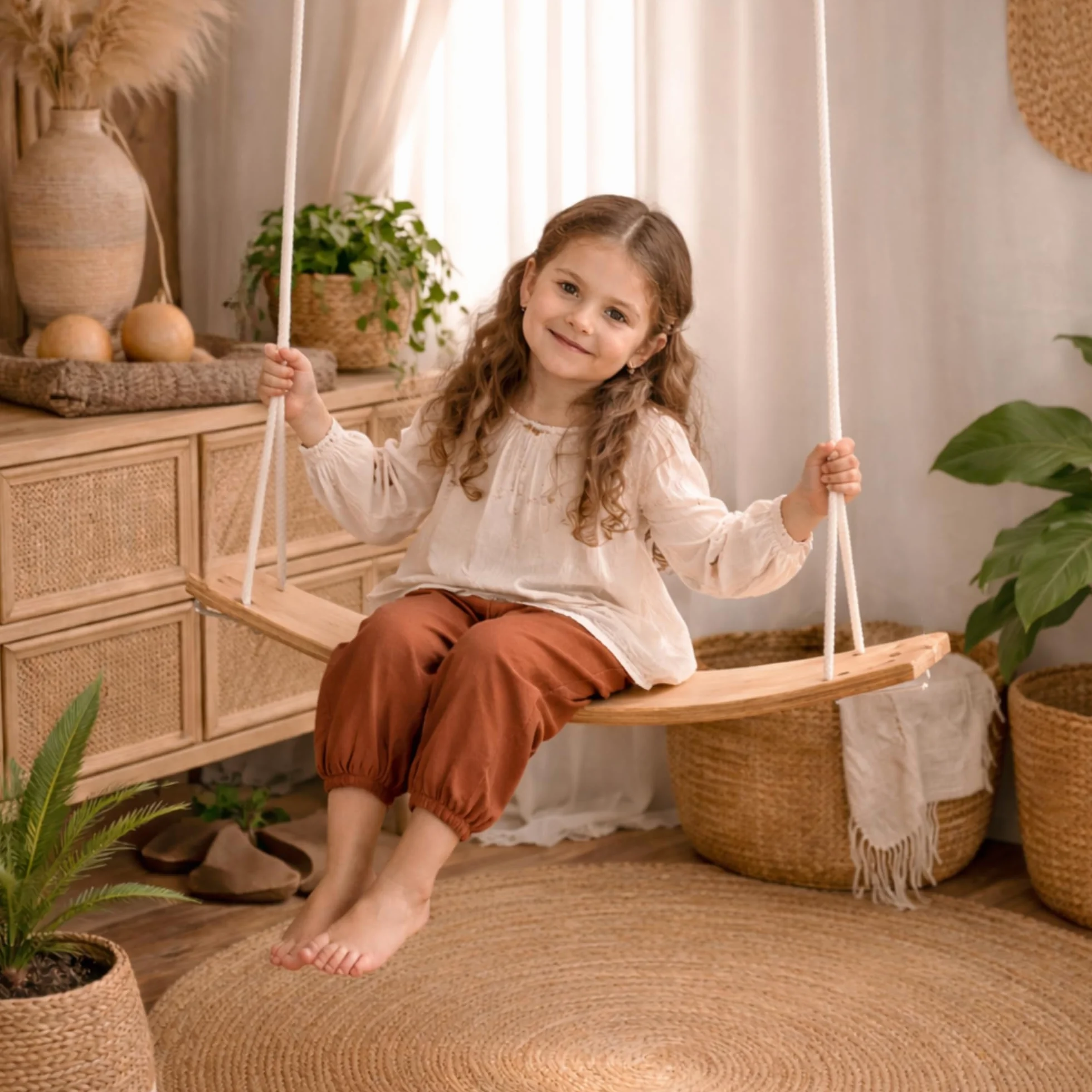 Hamac pour enfant en bois 66×150 cm chaise longue ergonomique 3–5 ans beige