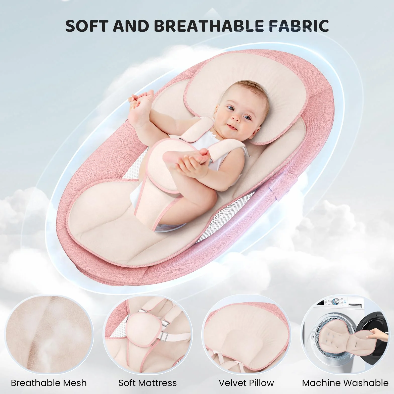 Transat Bébé Électrique avec APP & Télécommande, 3 Minuteries, 5 Vitesses, 10 Musiques, Bluetooth