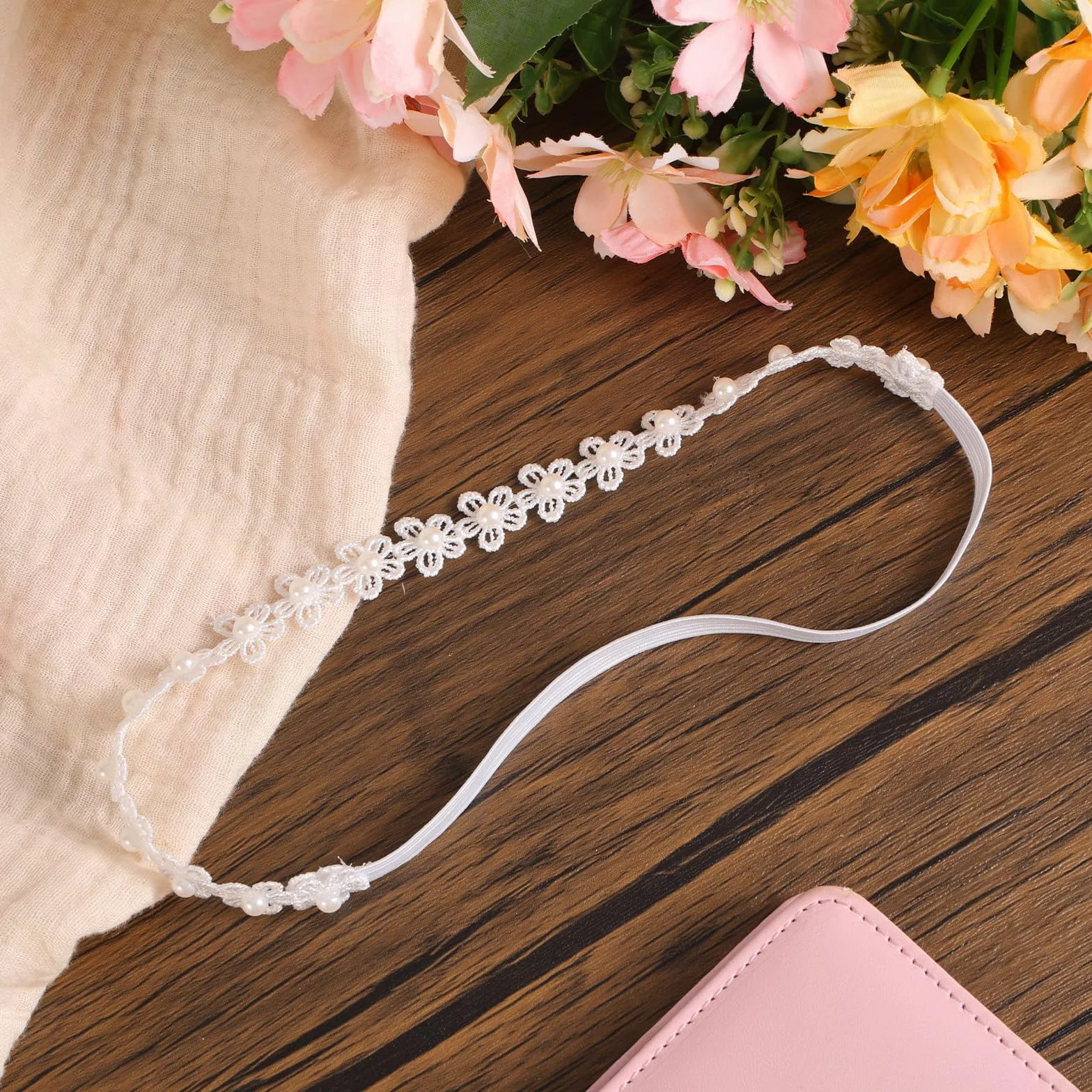 Bandeau Baptême Dentelle Réglable Blanc Perles Fleurs Accessoires Cheveux Filles Bébés