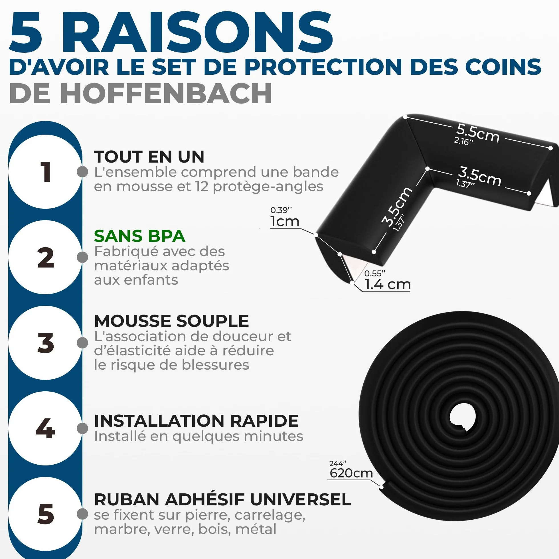 Hoffenbach Protection en Mousse pour Bords & Coins – Bande de Sécurité 6,2 m avec 12 Coussins d’Angle – Lit Bébé – Noir