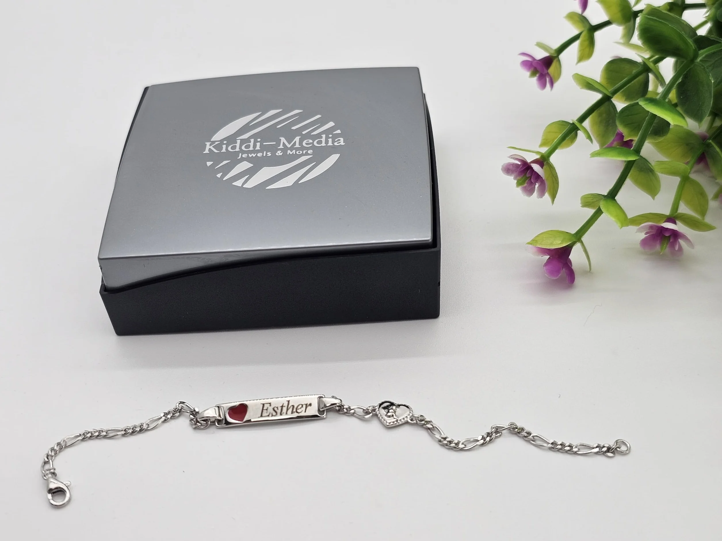 Bracelet gravé nom bébé enfant argent 925 cœur rouge ange 16 cm boîte cadeau