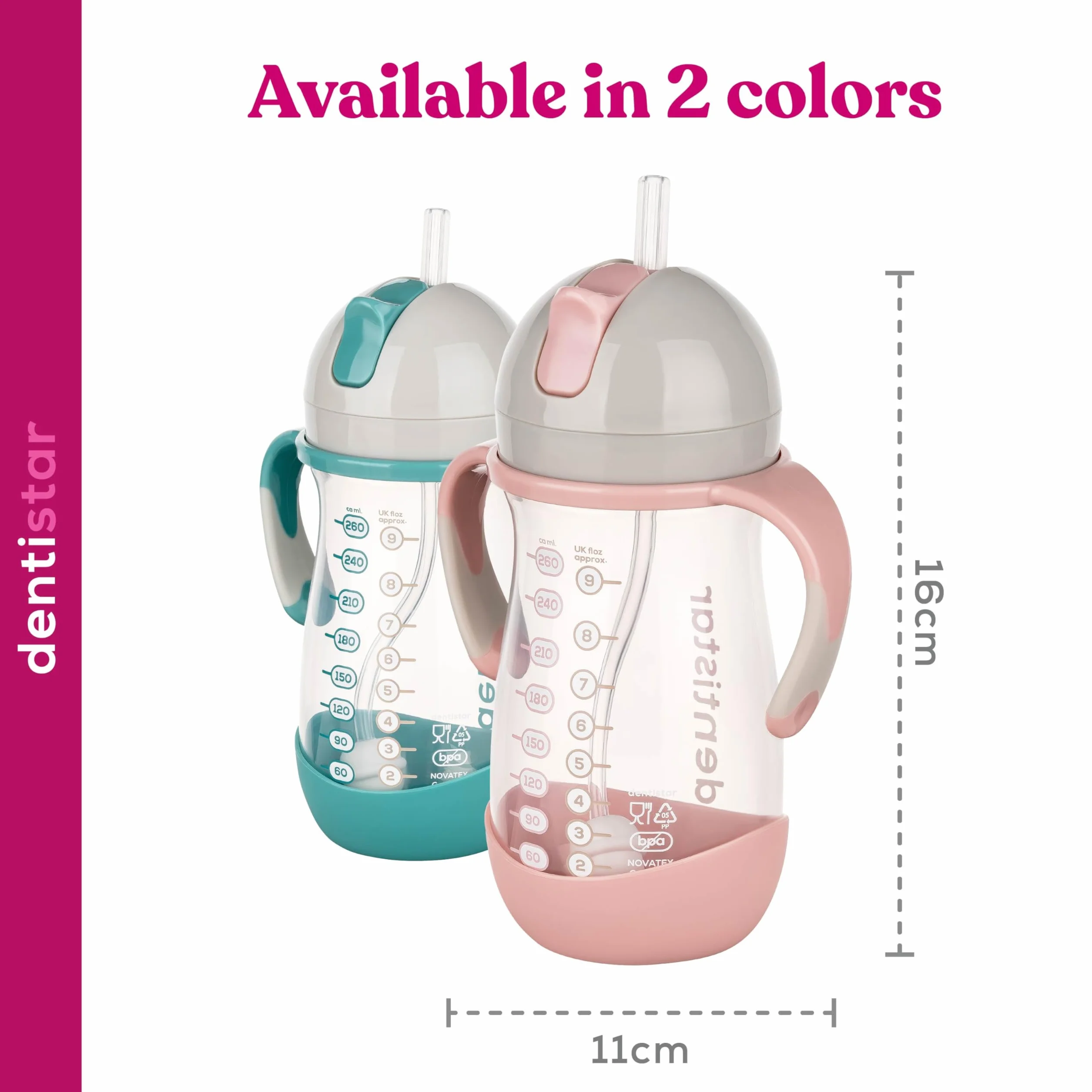 Dentistar Gourde bébé 260 ml avec paille sans BPA – Bouteille hermétique poignée antidérapante Menthe