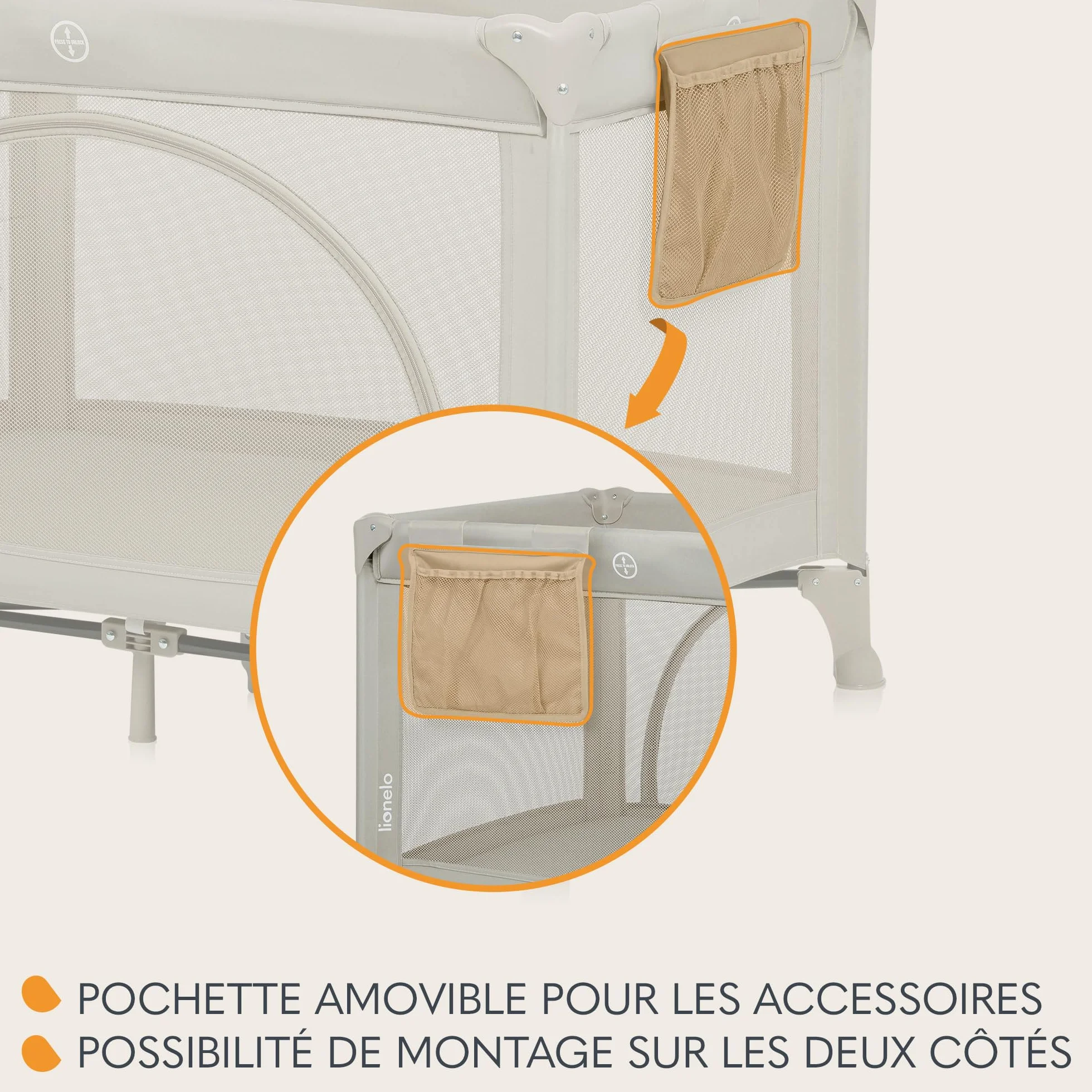 LIONELO LAURA 2en1 Lit de Voyage 15 kg Parc bébé 0-36 mois Matelas Mousse T25 2 Niveaux Hauteur Sac de Voyage Roues Frein Beige