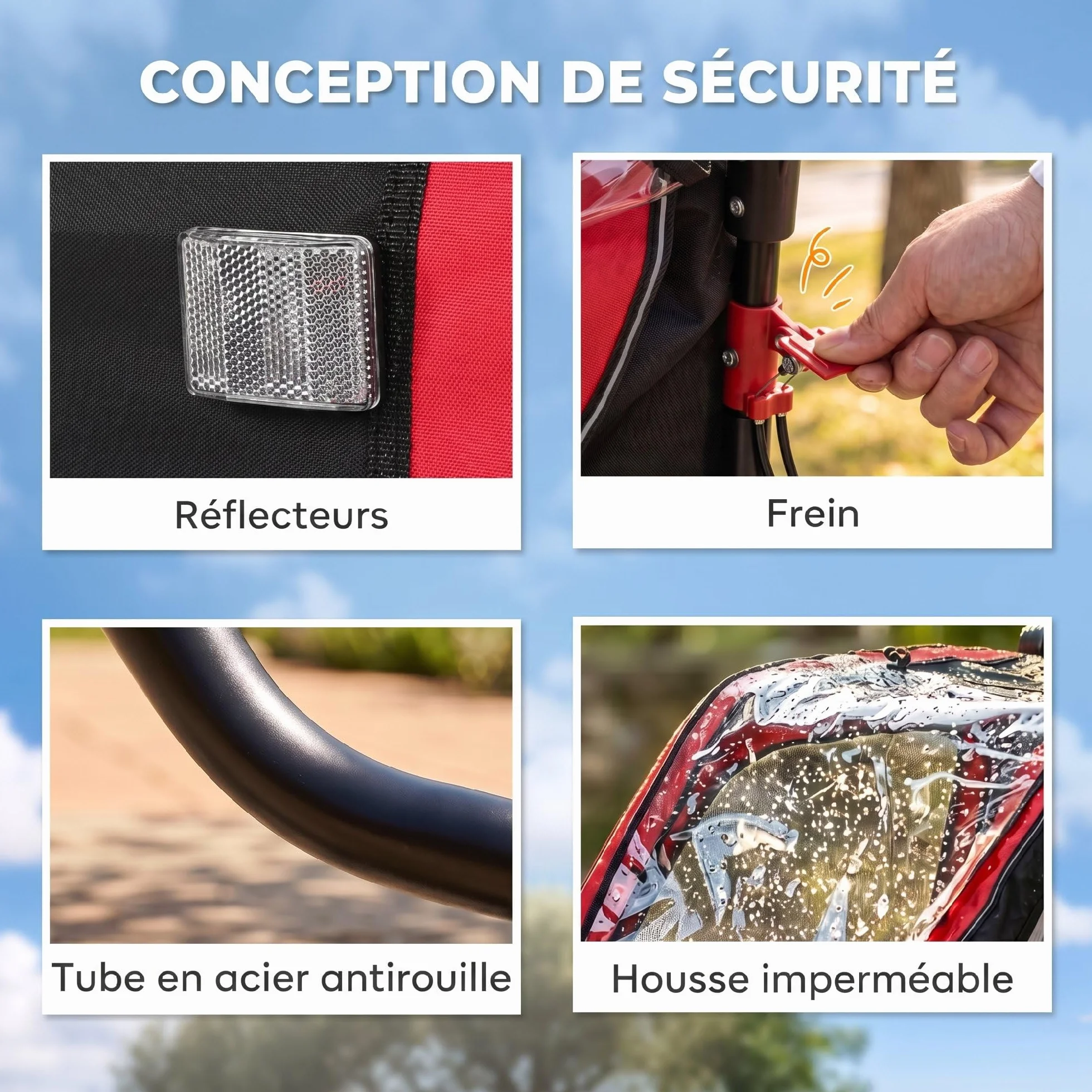 AIYAPLAY Remorque vélo Enfant 2 Places 2 en 1 Poussette bébé Guidon réglable Frein à Main Ceinture sécurité 5 Points attelage Universel 38 kg Rouge