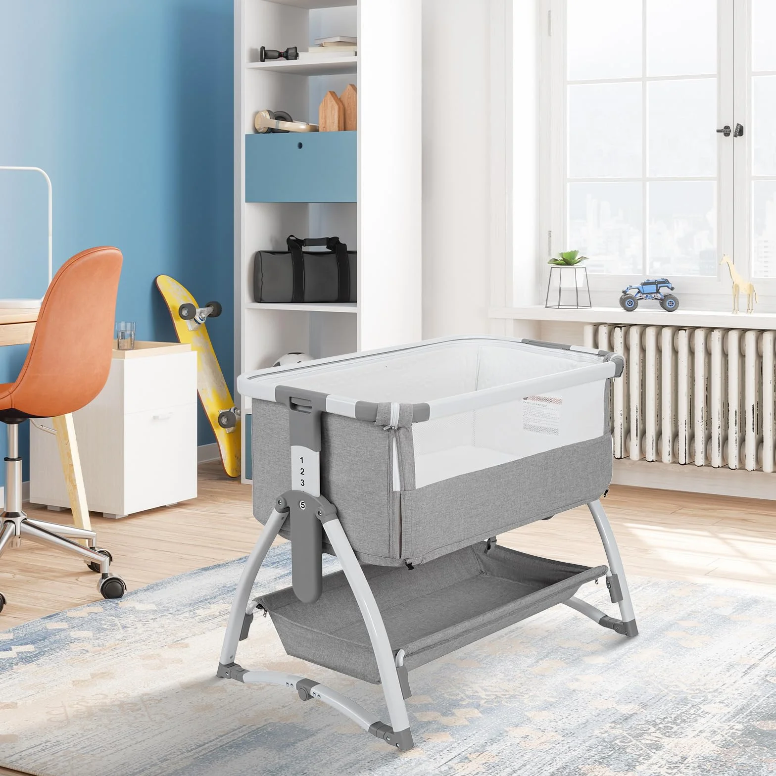 Lit Bébé Évolutif 3 en 1 Convertible Cododo avec Moustiquaire, Matelas, Bascule, 7 Hauteurs Réglables, 0-36 Mois