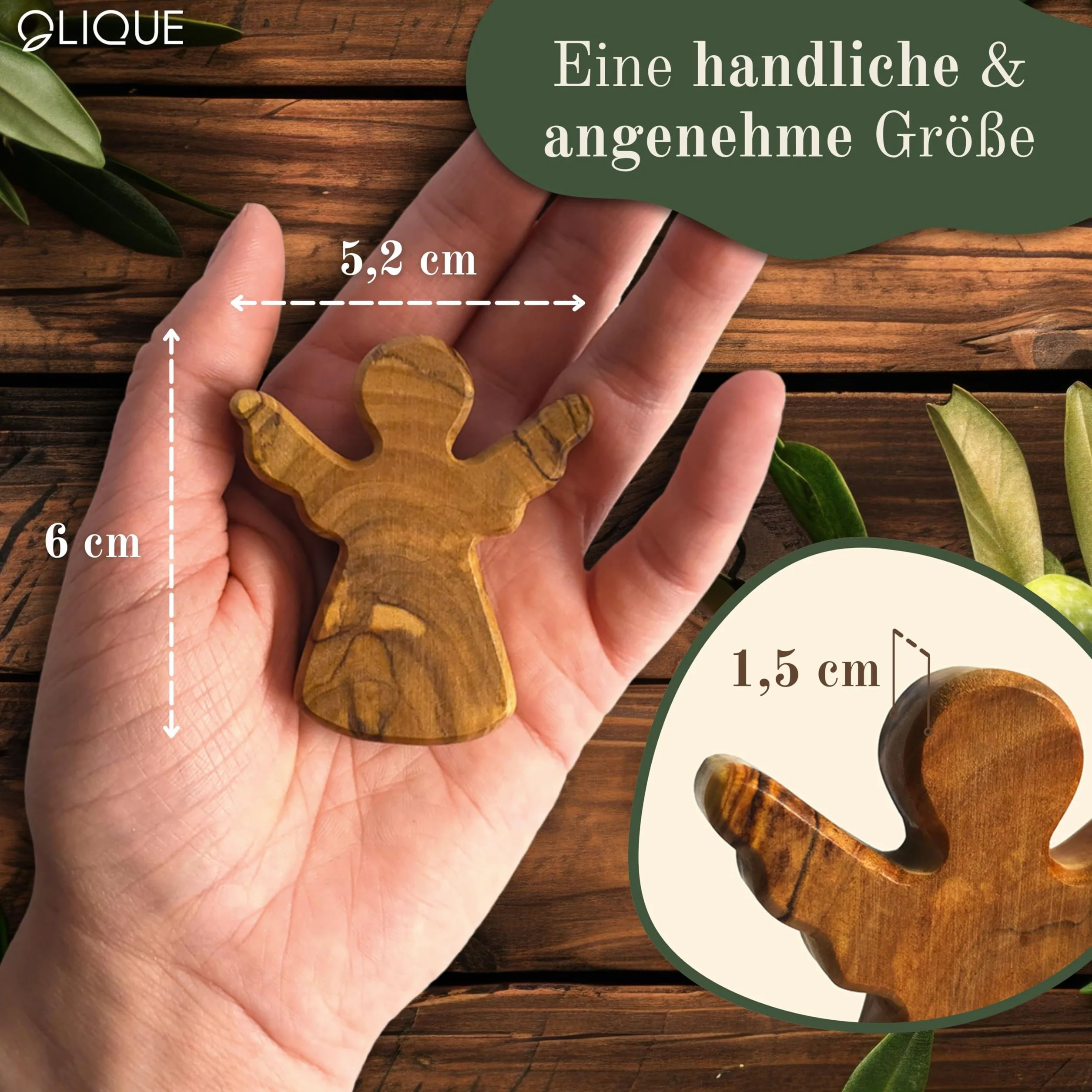 Figurine Ange Gardien en Bois d'Olivier Artisanale Faite Main avec Gravure