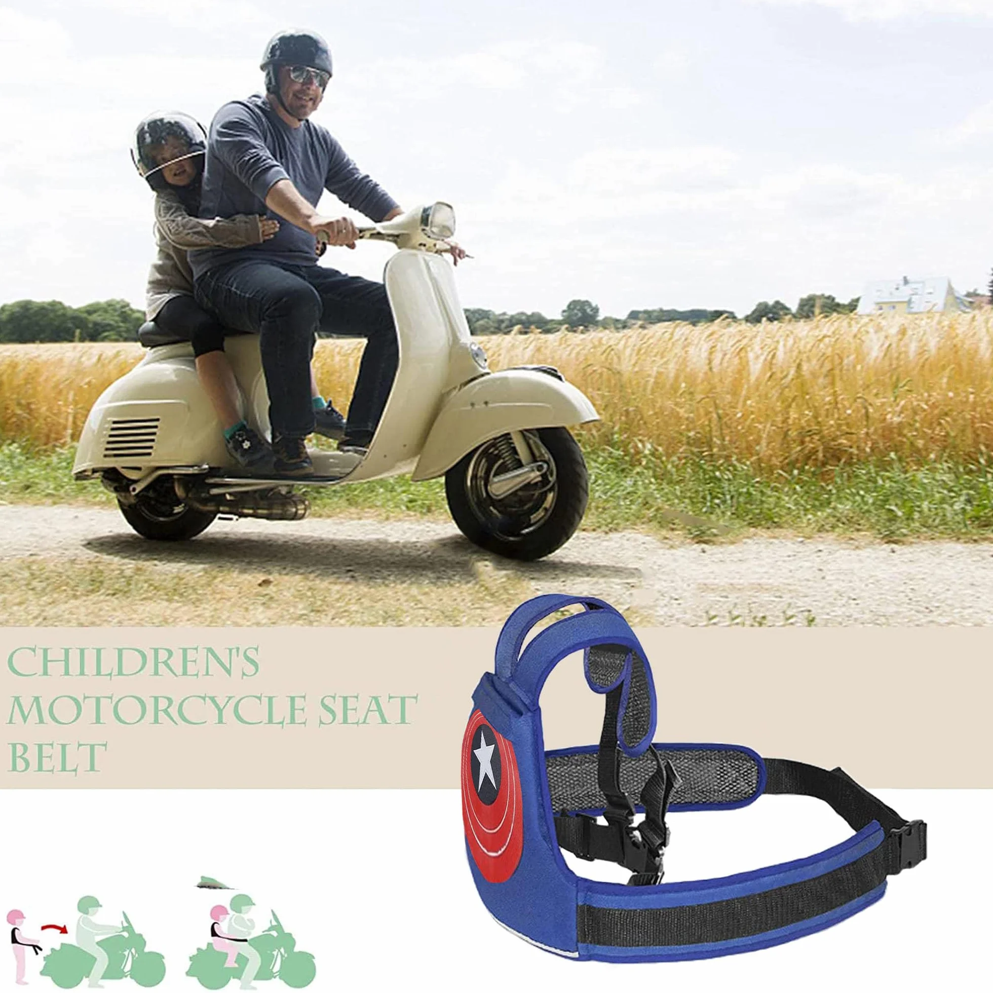 Ceinture de Sécurité Moto Enfants Réglable Haute Résistance Harnais Anti-Chute 2-10 Ans