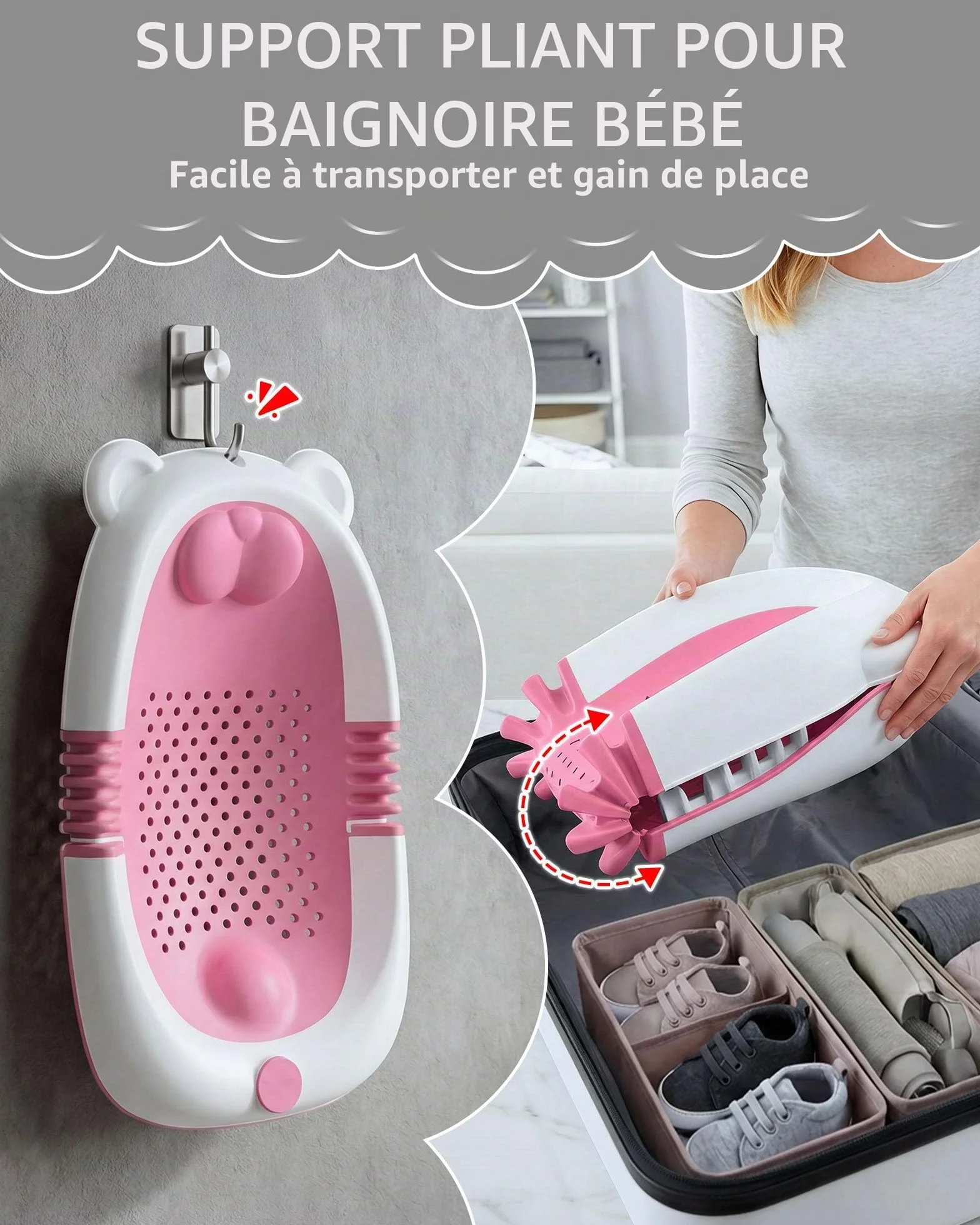 Baignoire pliable pour bébé avec support, siège de bain nouveau-nés, ventouses antidérapantes 0-6 mois