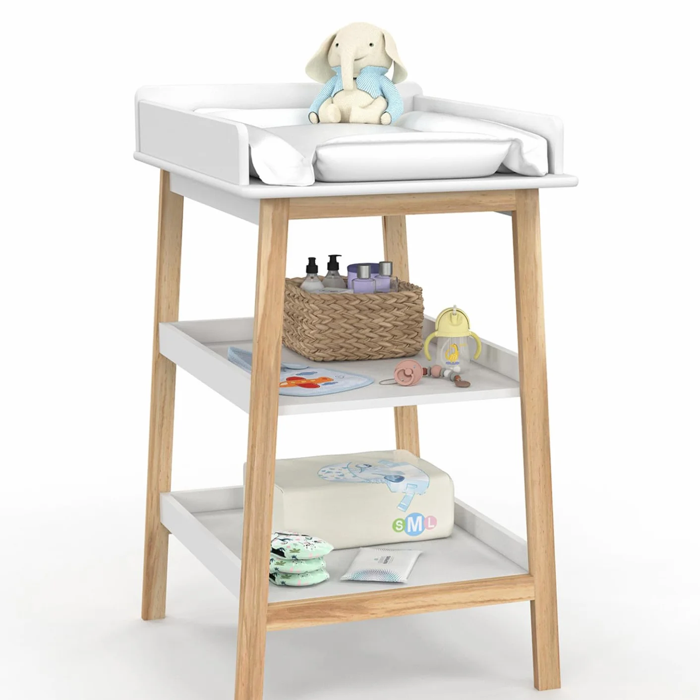 Table à Langer MAHE avec 2 étagères façon hêtre et Blanc