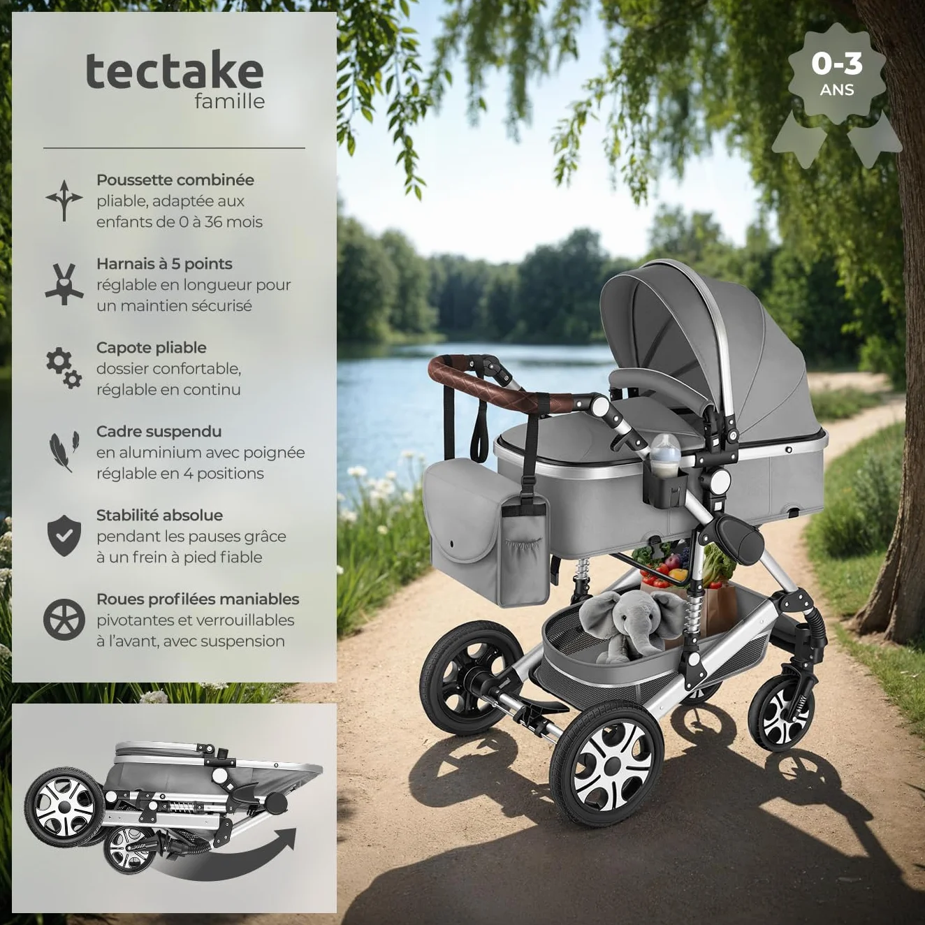 Tectake Poussette combinée pliable 0-36 mois nacelle siège sport harnais 5 points compacte voyage