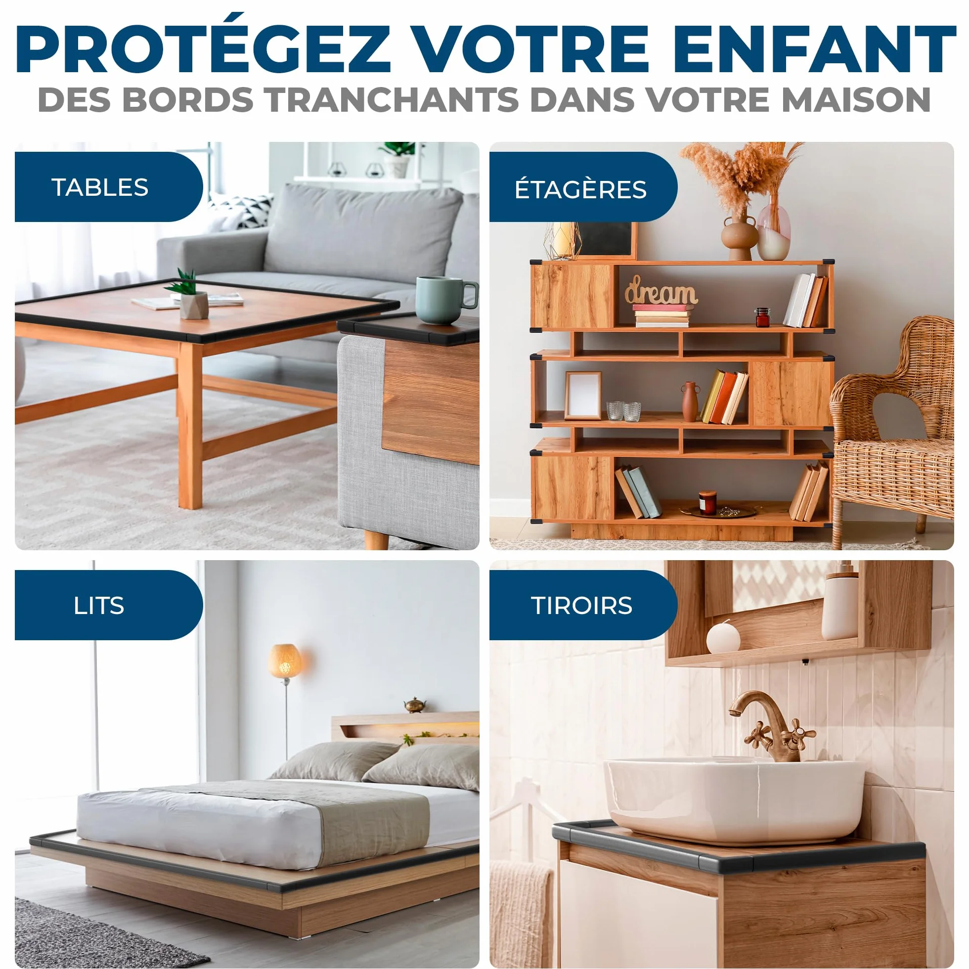 Hoffenbach Protection en Mousse pour Bords & Coins – Bande de Sécurité 6,2 m avec 12 Coussins d’Angle – Lit Bébé – Noir