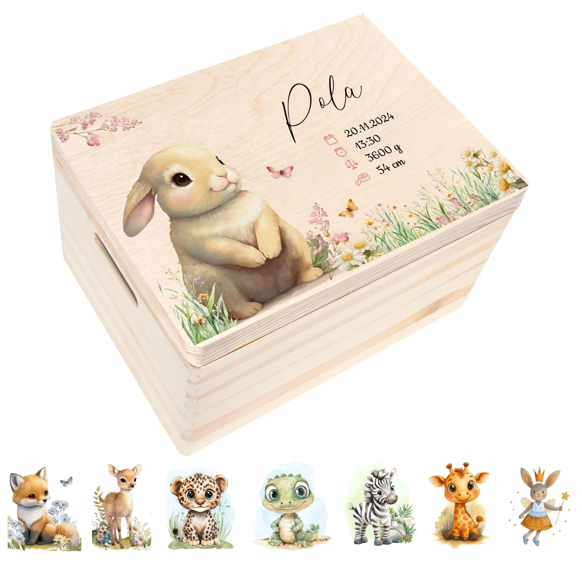 Kreative Deco Boîte à Souvenirs Bébé Personnalisé Animaux de la Forêt 40x30x24 cm Cadeau Naissance Bois