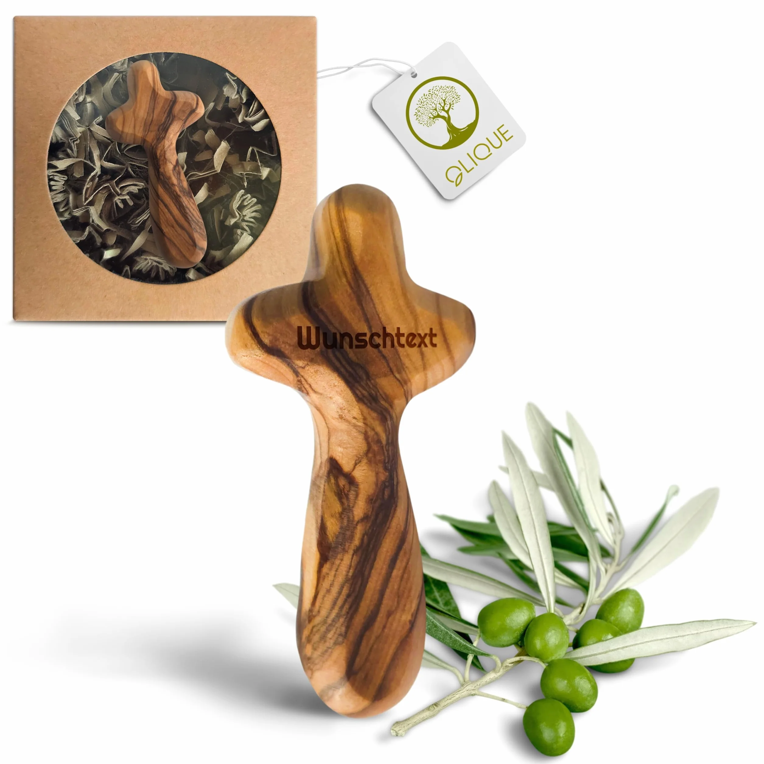 Croix en bois d'olivier bijou fait main avec gravure pour naissance baptême communion confirmation
