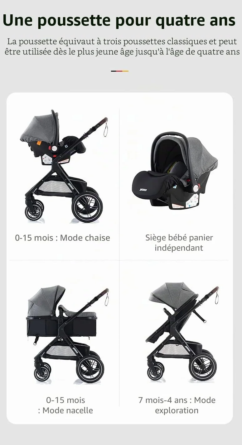 Poussette 3 en 1 Citadine Combinée Tricycle Baby Walker Haute Paysage Pliante Trolley Bébé Landau 0-36 Mois Kaki