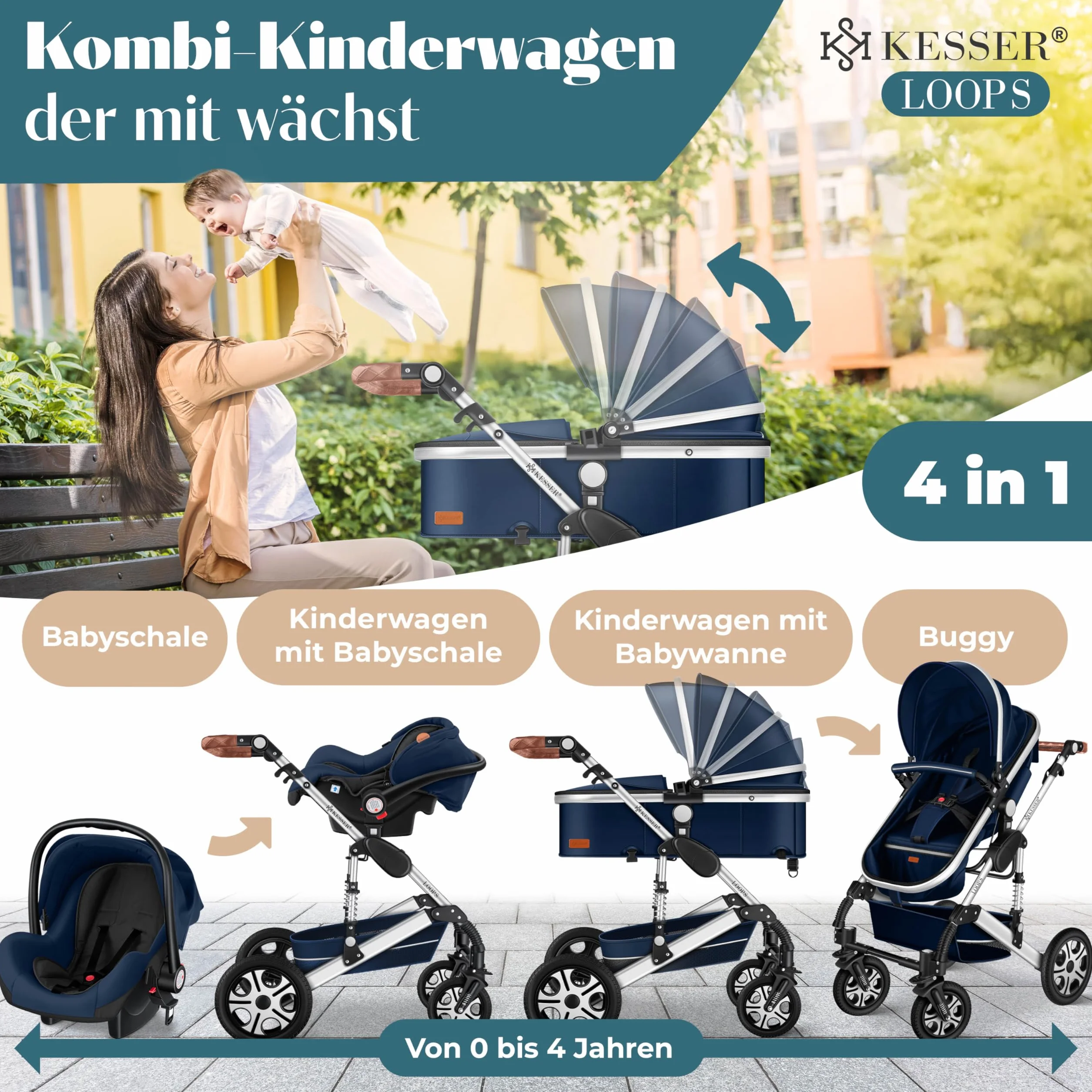KESSER Ensemble poussette combinée 4 en 1 nacelle siège pneus caoutchouc plein ECE R129 Bleu Argent
