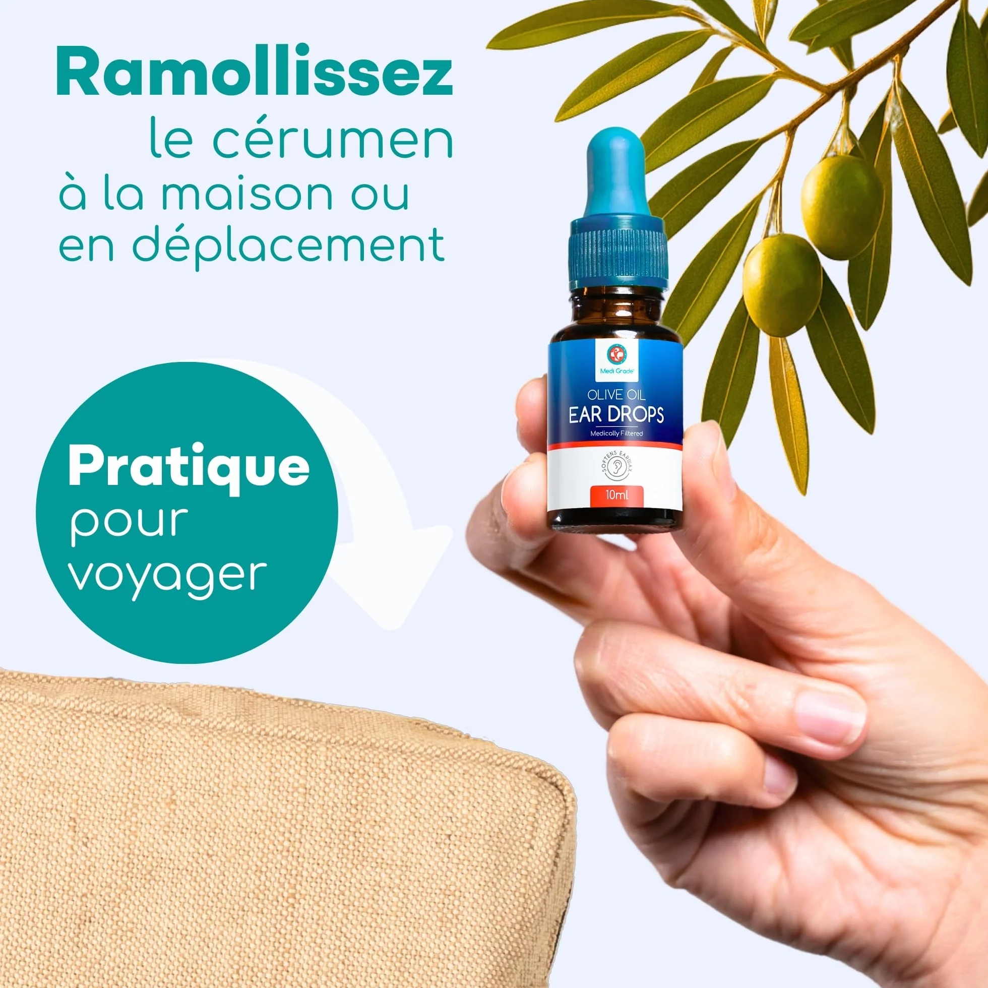Medi Grade Gouttes Oreilles Huile d'Olive 100% Pure Qualité Médicale 10 mL - Fluidifie Élimine Cérumen Oreille