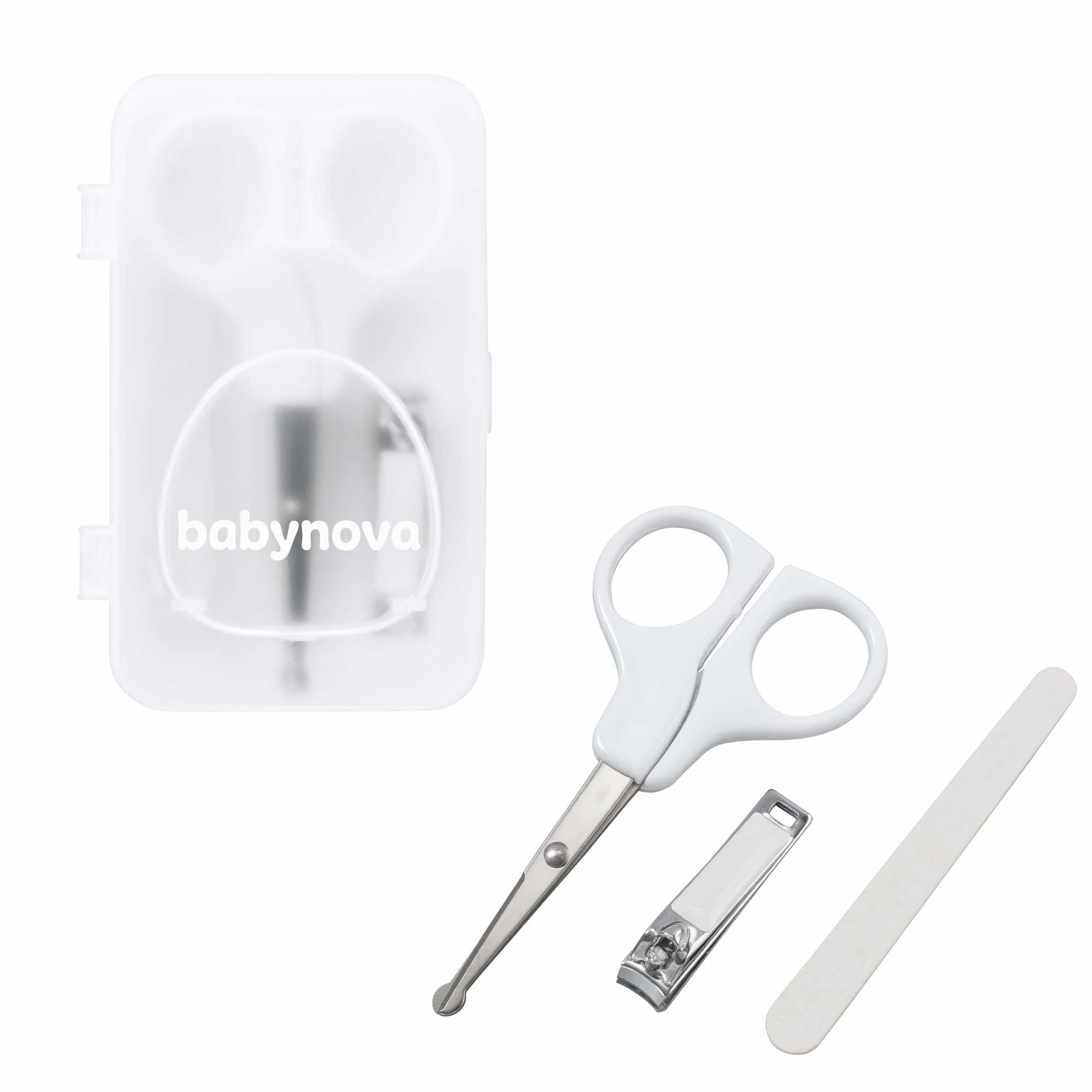 Babynova Set Manucure Bébés – Kit Soin Ongles Sûr avec Ciseaux Pointe Arrondie, Coupe-Ongles & Lime – Boîte Rangement Voyage Usage Quotidien Sans BPA
