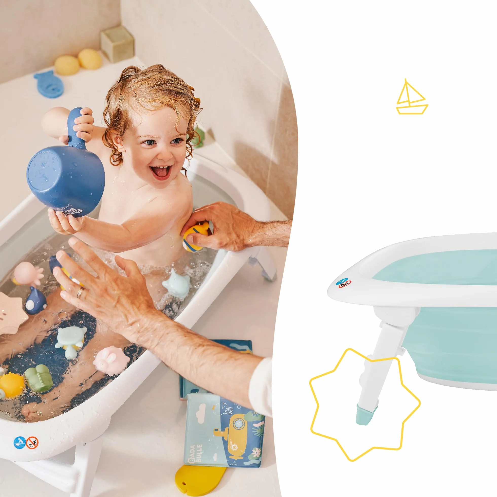 Badabulle Baignoire Bébé Pliable 35L Pieds Antidérapants Bouchon Vidange Témoin Température Poignée Transport Séchage