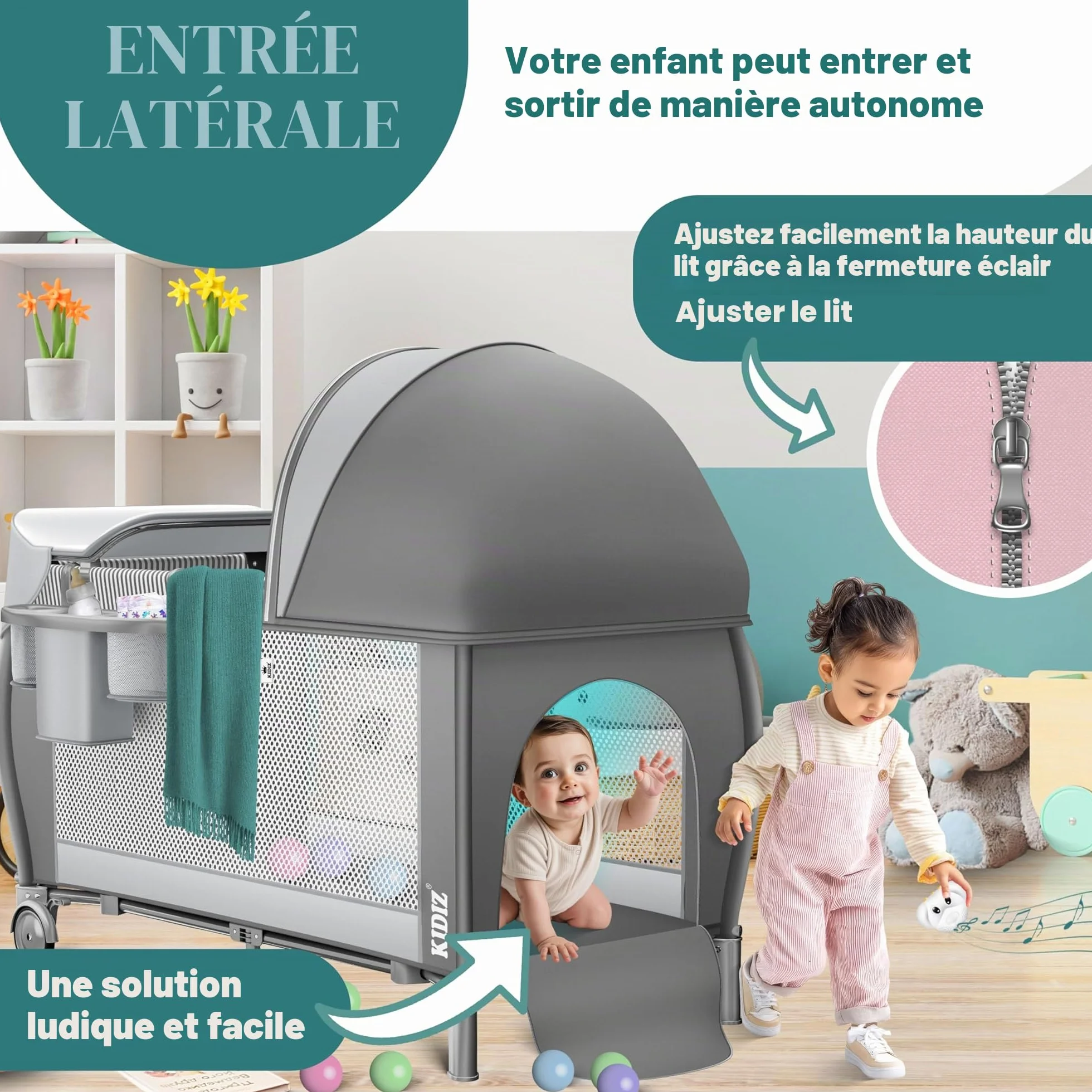 KIDIZ® Lit de Voyage 3 en 1 Parc Pliable avec Matelas à Langer, Moustiquaire, Gris de la Naissance à 15 kg
