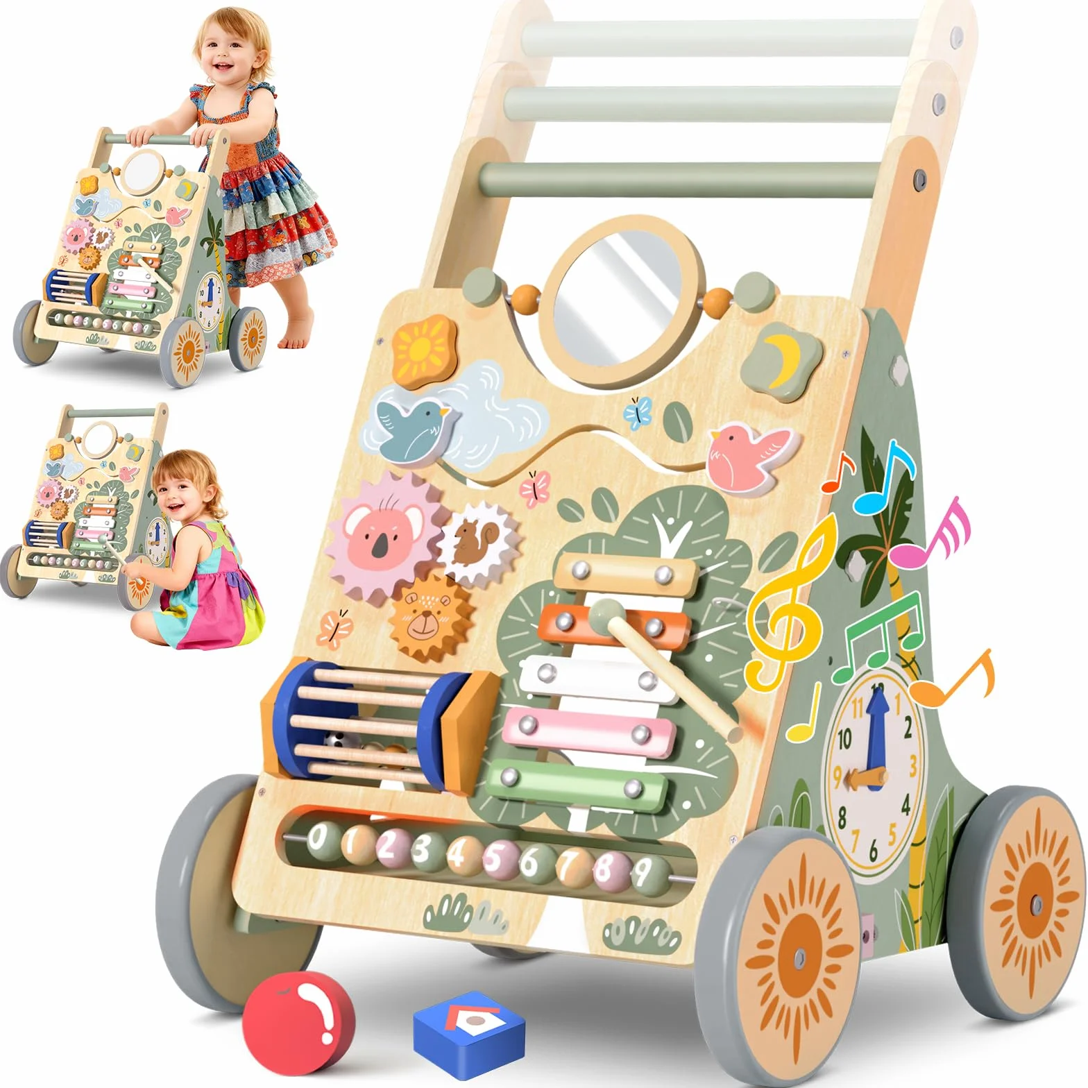 Chariot de Marche en Bois Montessori pour Bébé, Centre d'Activités, Trotteur Réglable 6-24 Mois