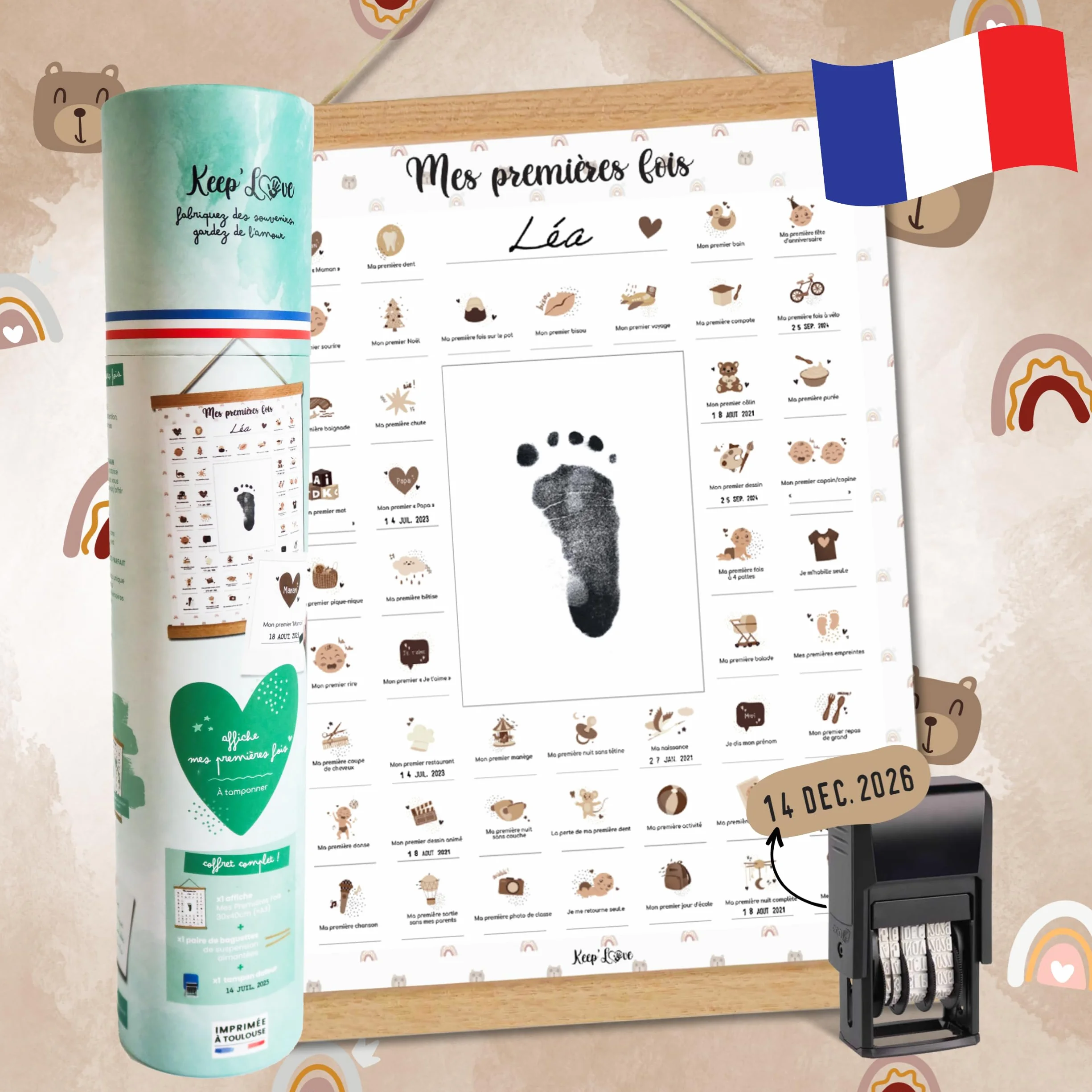 Keep'Love Affiche Mes Premières Fois à Tamponner, Cadeau de Naissance Bébé, Grand Format A3 (Modèle OURSON)