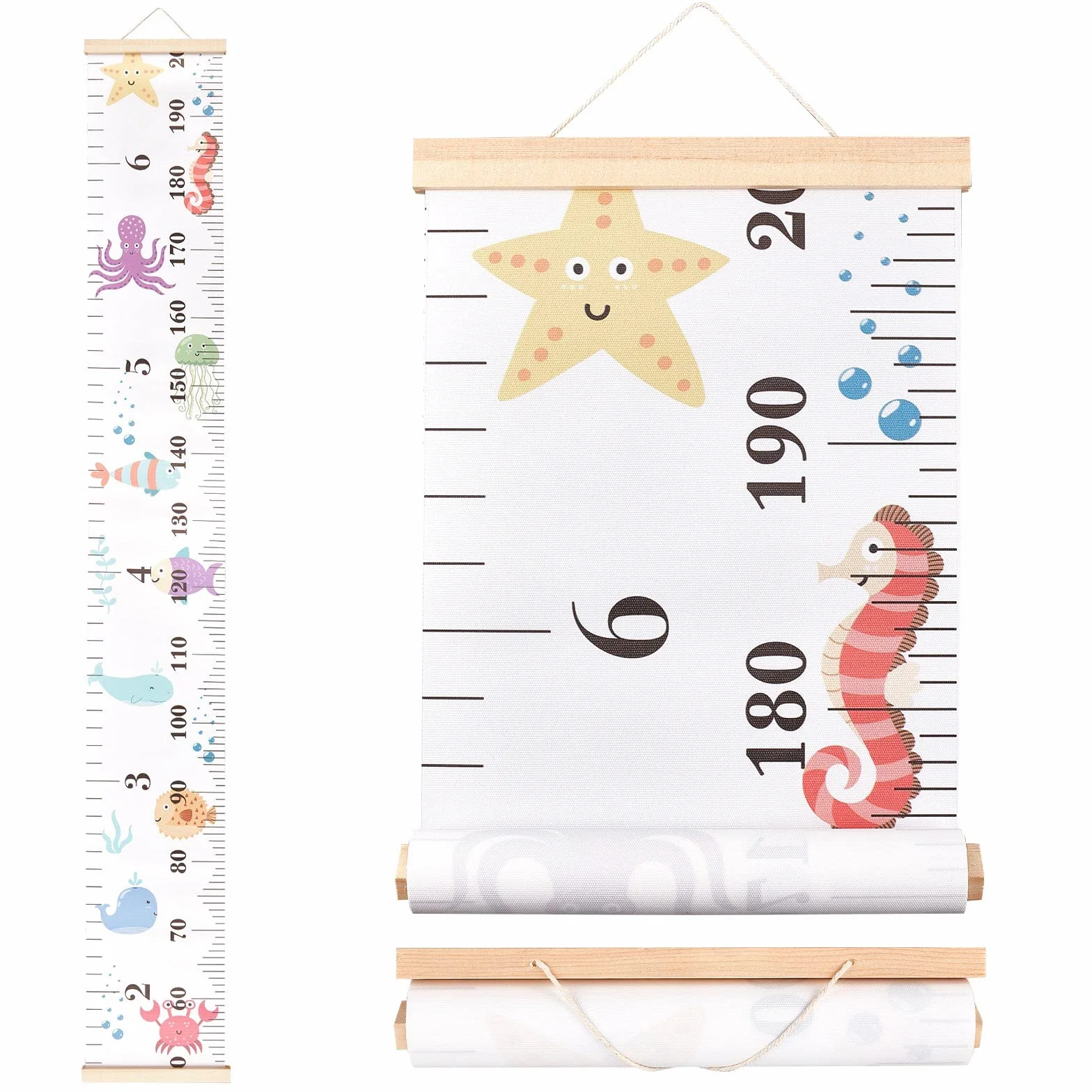 CREATCABIN Tableau Croissance Animaux Mer Tissu Toile Hauteur Mesure Règle Cadre Bois Suspendu Amovible Dessin Animé Règle Murale Décoration Chambre Enfant