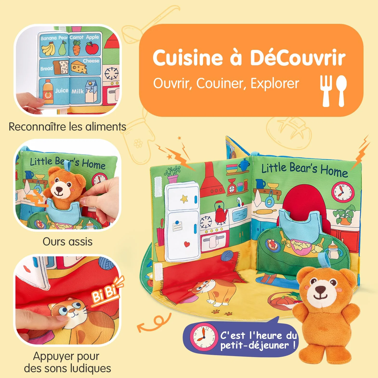 Livre Tissu Bebe Eveil 1 an - Livres activite sensoriel tactiles Bebes, Jouets Tissu Temps sur Ventre 6-18 Mois, Cadeau garcon Fille Enfant