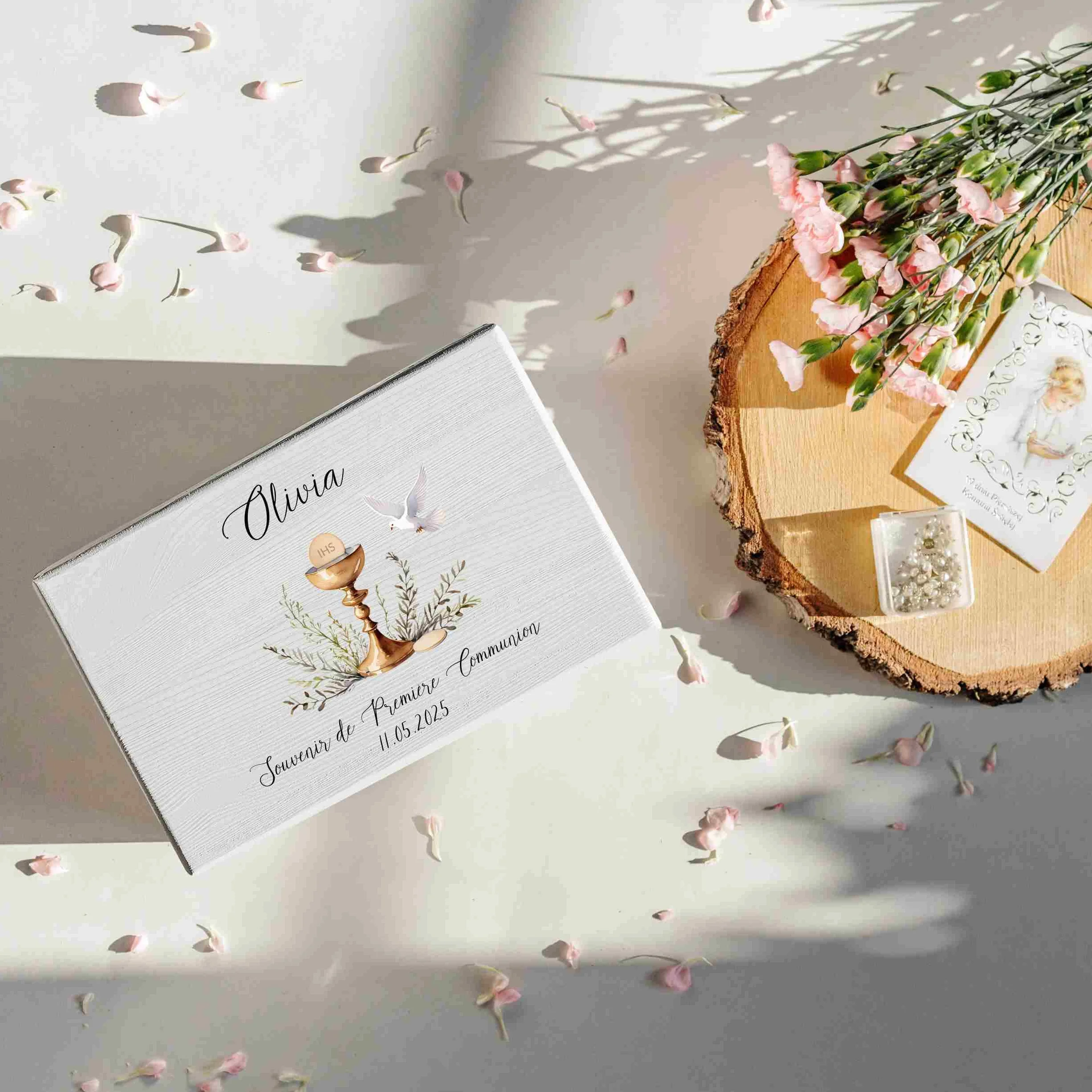 Boîte à Souvenirs en Bois Personnalisée Première Communion Cadeau Garçon Fille Calice Coffret Décorations