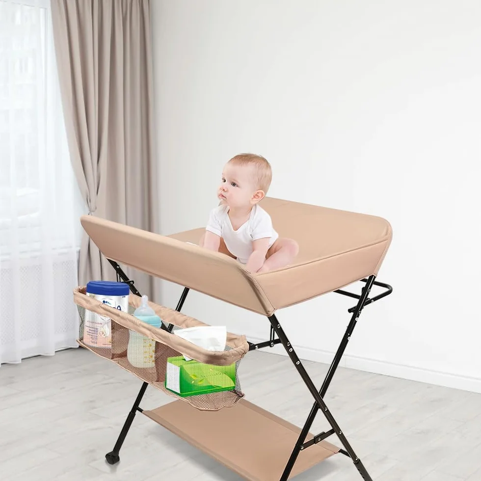 Table à Langer Pliante Amovible avec Roulettes et Panier de Rangement, Hauteur Réglable pour Bébé 80x66x98cm Rose Clair
