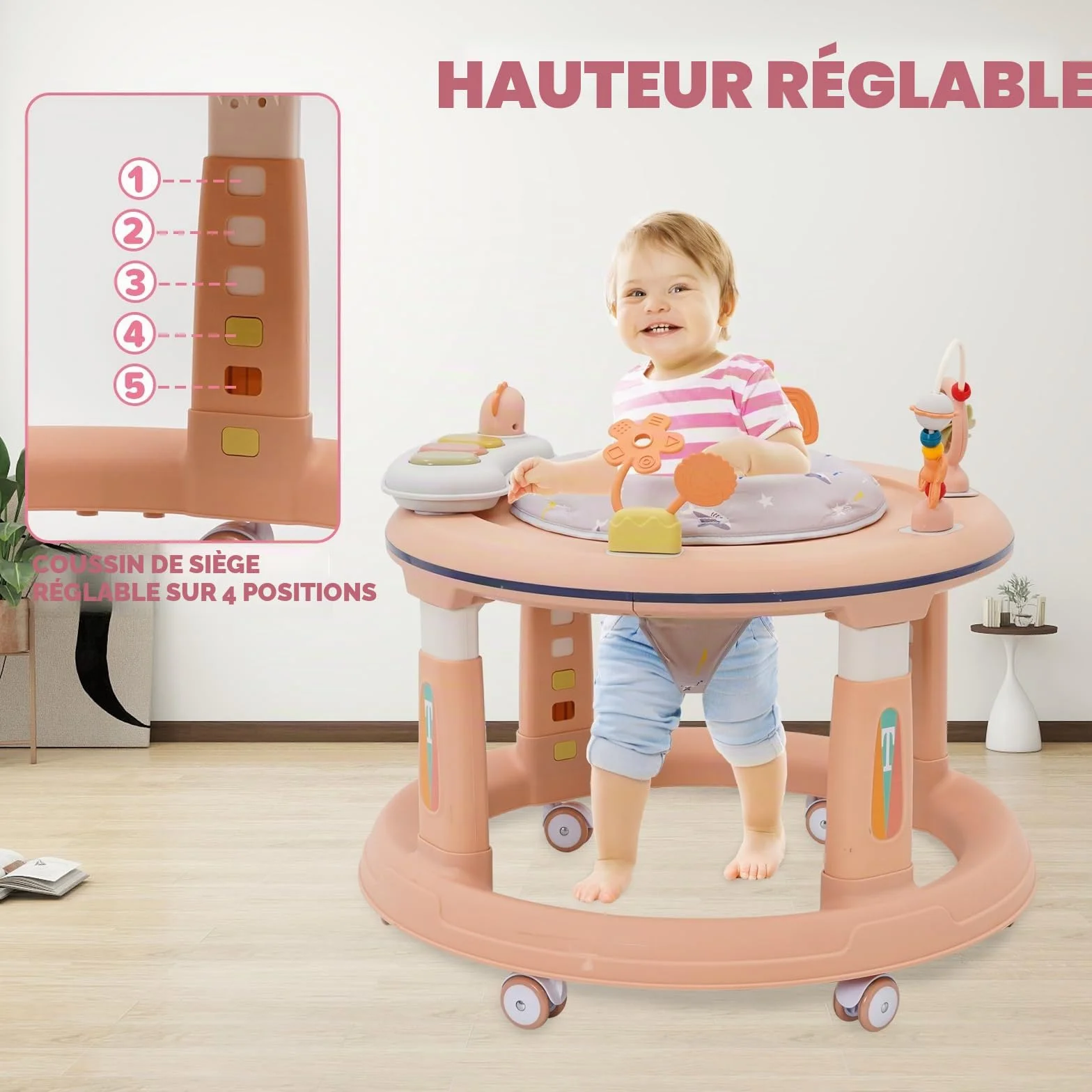 Bébé Trotteur 3 en 1 Marcheur Table d'étude Sauteur Réglage Hauteur 5 Niveaux Anti-O-Legs Roues Silencieuses 360° Rose