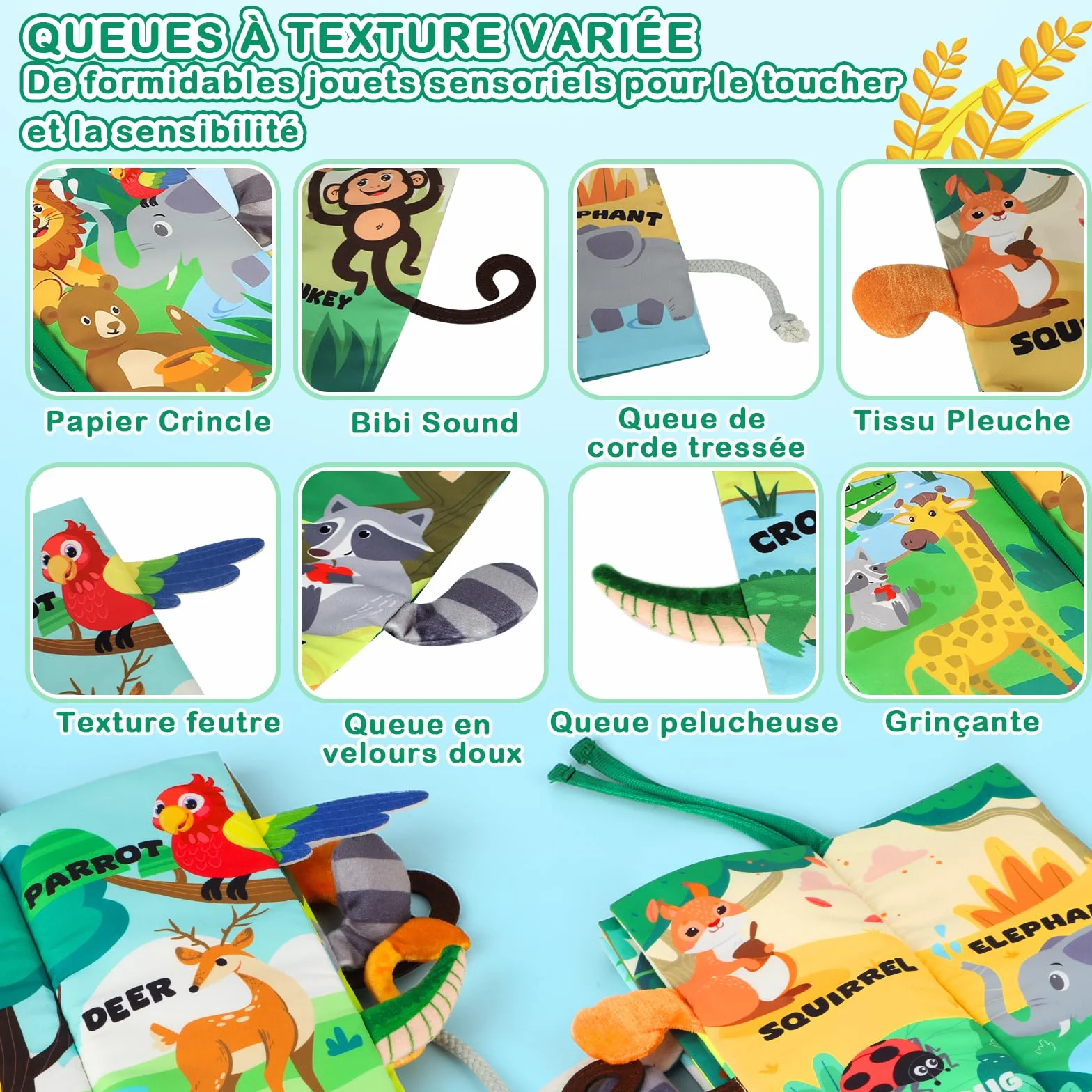 Livre bébé 0-12 Mois en Tissu Montessori Animaux 3D avec Anneau Dentition, Jouet d'éveil sensoriel Tummy Time Lavable