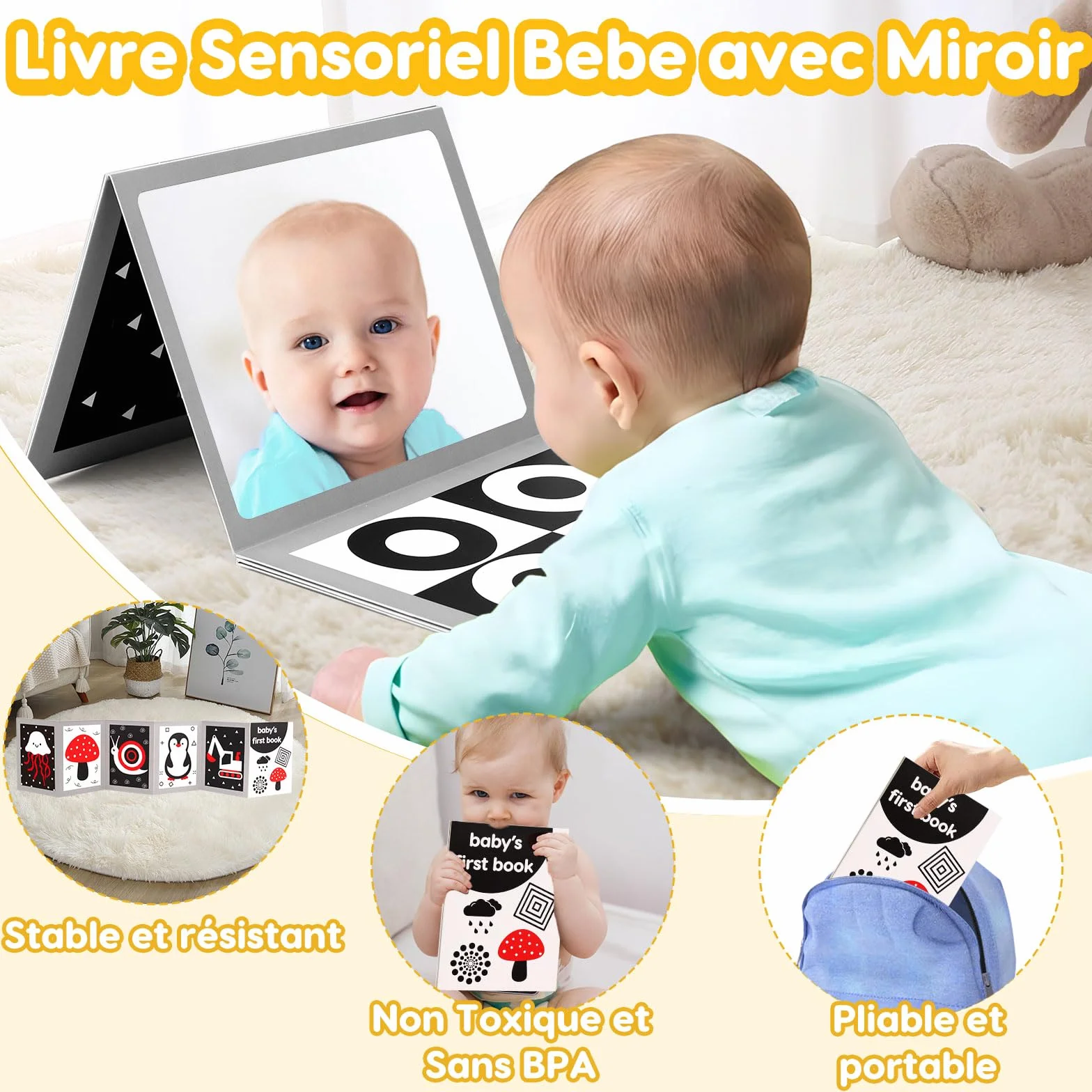 Livre Eveil Bebe 0-6 Mois Noir et Blanc Sensoriel avec Miroir Tummy Time, Carte Contraste Montessori Jeux d’eveil Jouet Cadeau Naissance