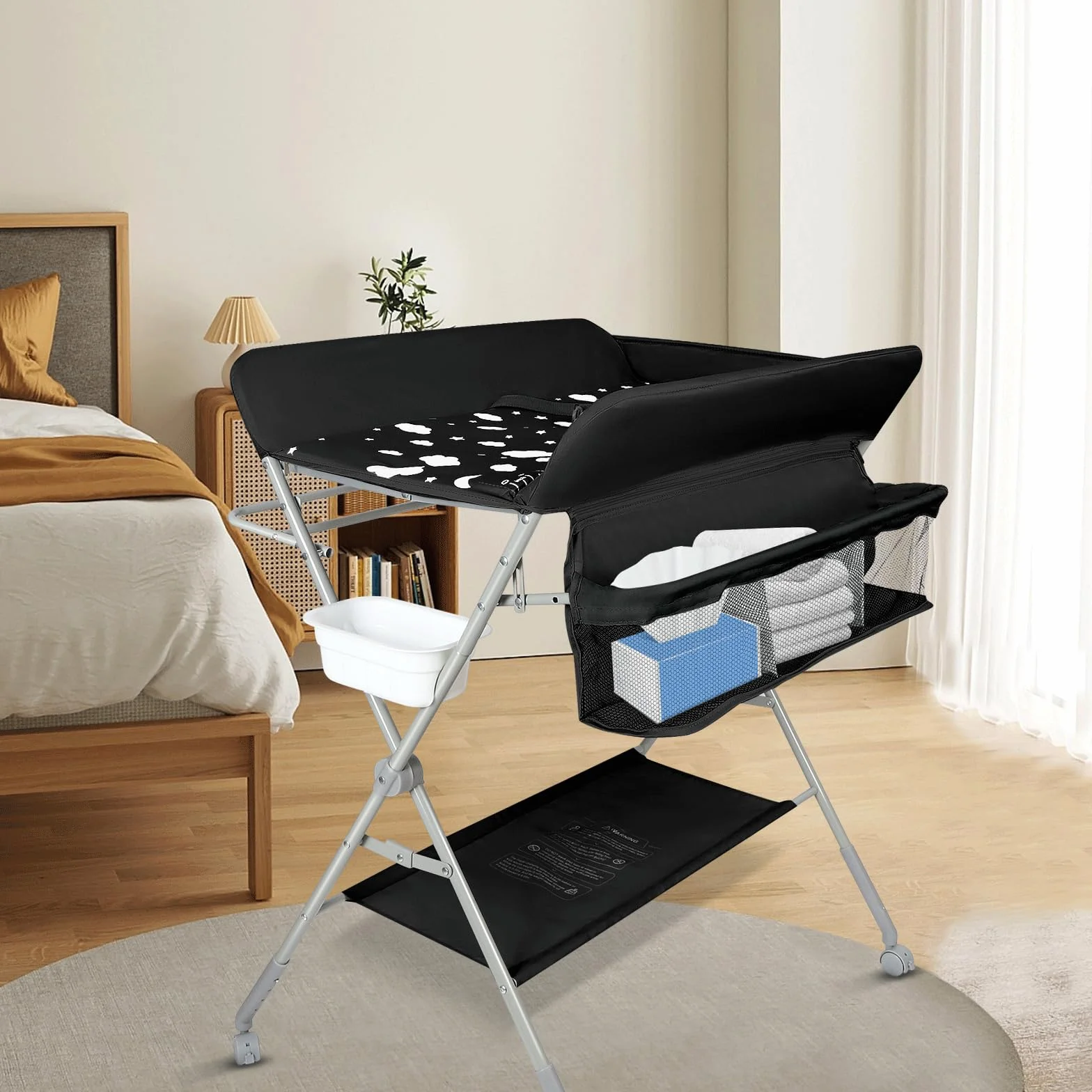 Table à langer pliable avec matelas, roulettes et harnais de sécurité, réglable en hauteur