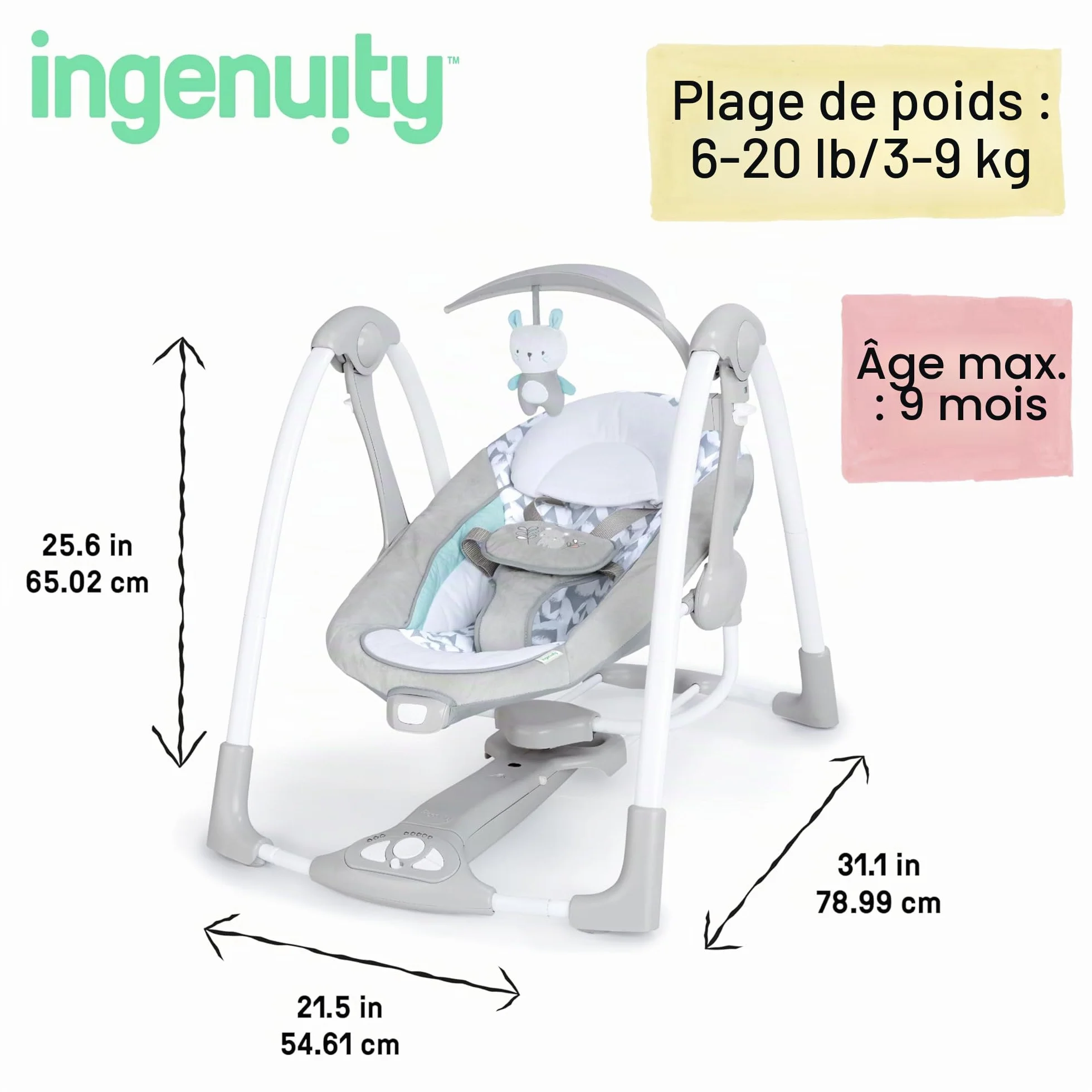 Ingenuity Balancelle Compacte Raylan 5 vitesses balancement vibrations apaisantes 12 mélodies 4 sons nature arche jeu 0-9 kg