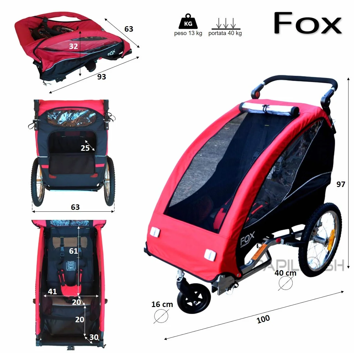 Fox Remorque à passager pour vélo convertible en poussette pour 1 enfant