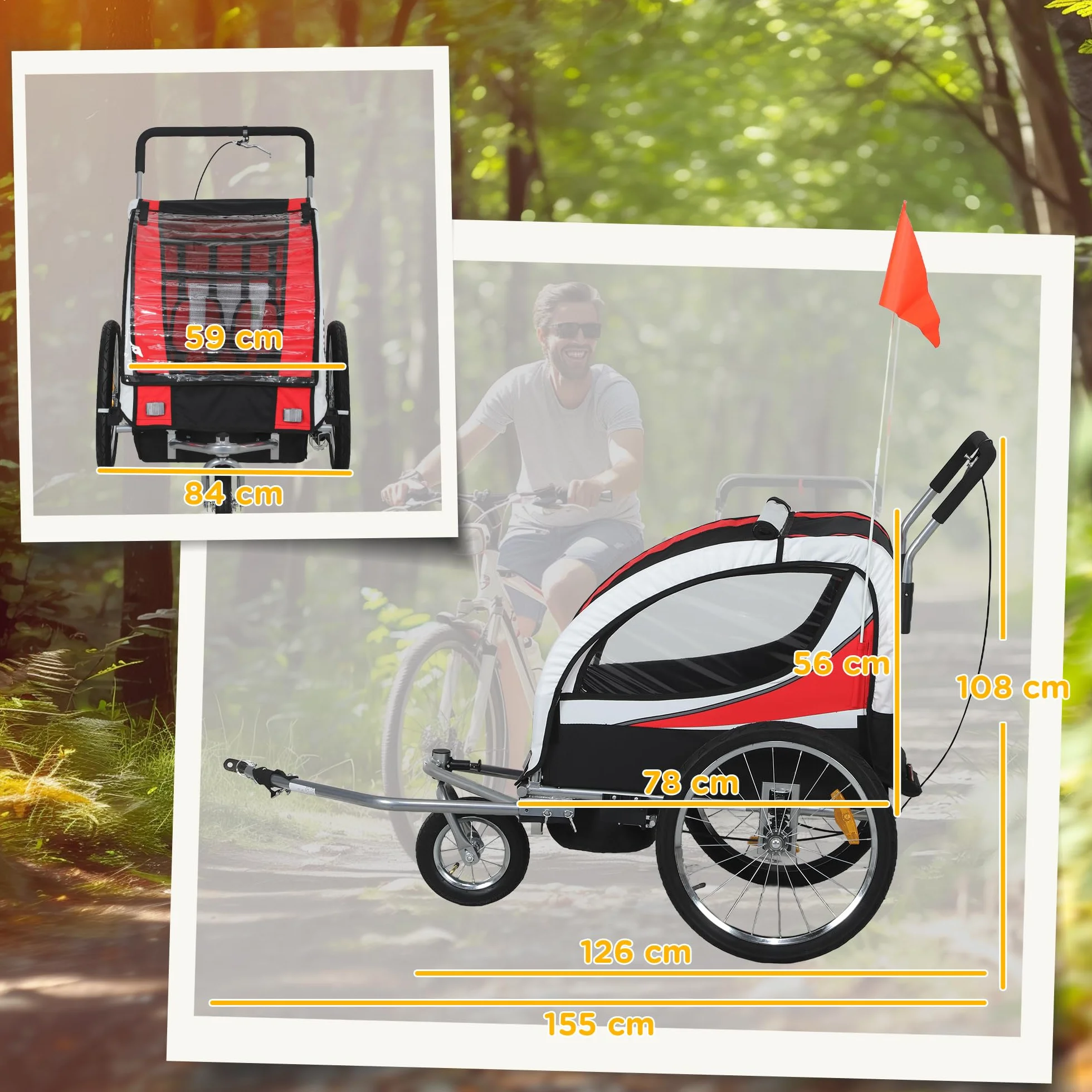 HOMCOM Remorque Velo Enfant 2 en 1 Poussette vélo bébé 2 Places, Ceinture sécurité 5 Points, Charge 40 Kg, Rouge