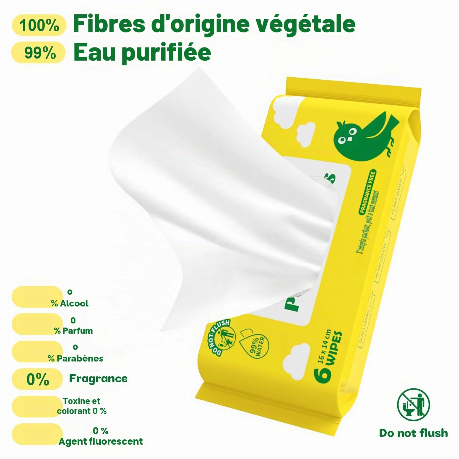 Lingettes Humides Voyage 99% d'Eau Sans Parfum Hypoallergéniques pour Peaux Sensibles Lot de 8 (48 Lingettes)