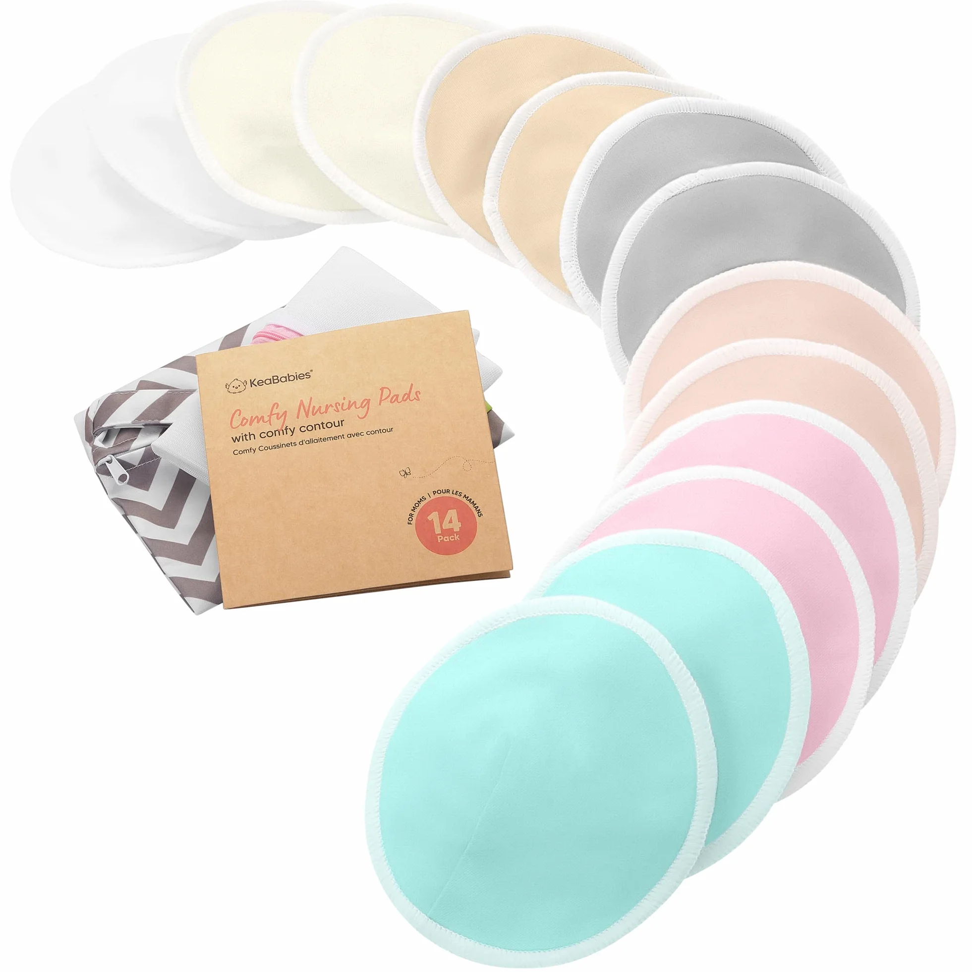 Coussinets d'allaitement en bambou biologique lavables - 14 pièces avec sac de lavage - Pastel Touch L 12cm