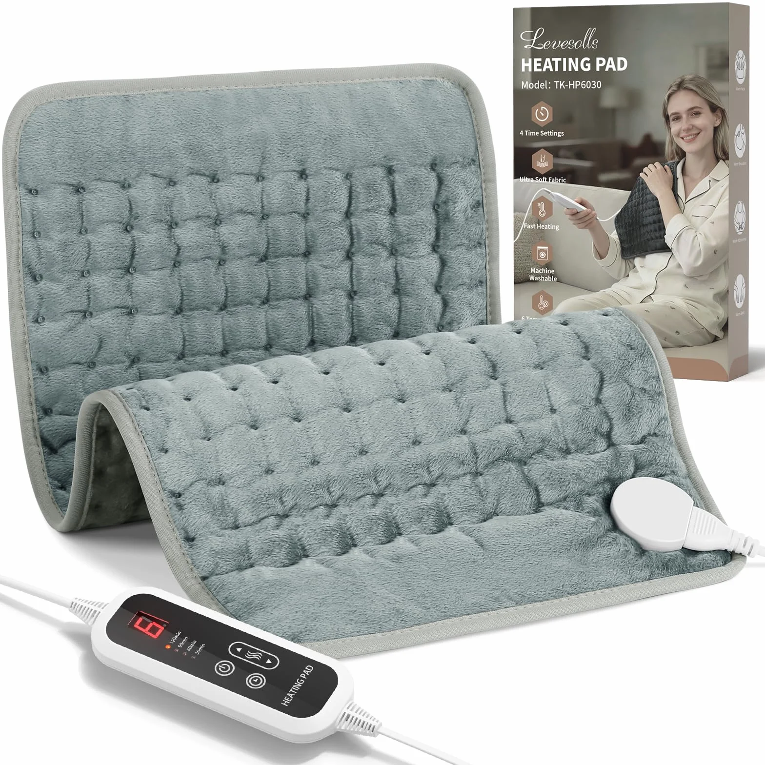 Coussin Chauffant Électrique 60x30cm Dos Épaules Abdomen 6 Niveaux Température 4 Minuterie Arrêt Automatique Lavable Gris Foncé
